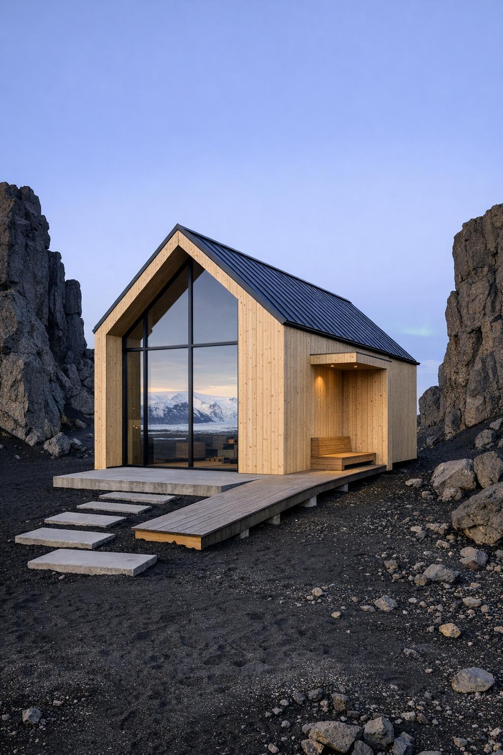 Compact timber cabin with full-height glass facade overlooking rugged volcanic landscape between rocky cliffs