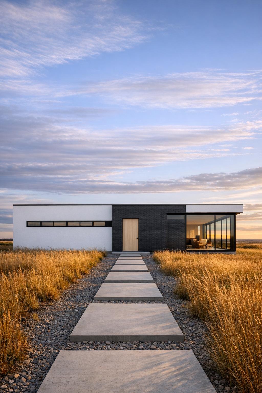 Minimalist flat-roof house in open grassland with concrete walkway and large glass corner windows at sunset