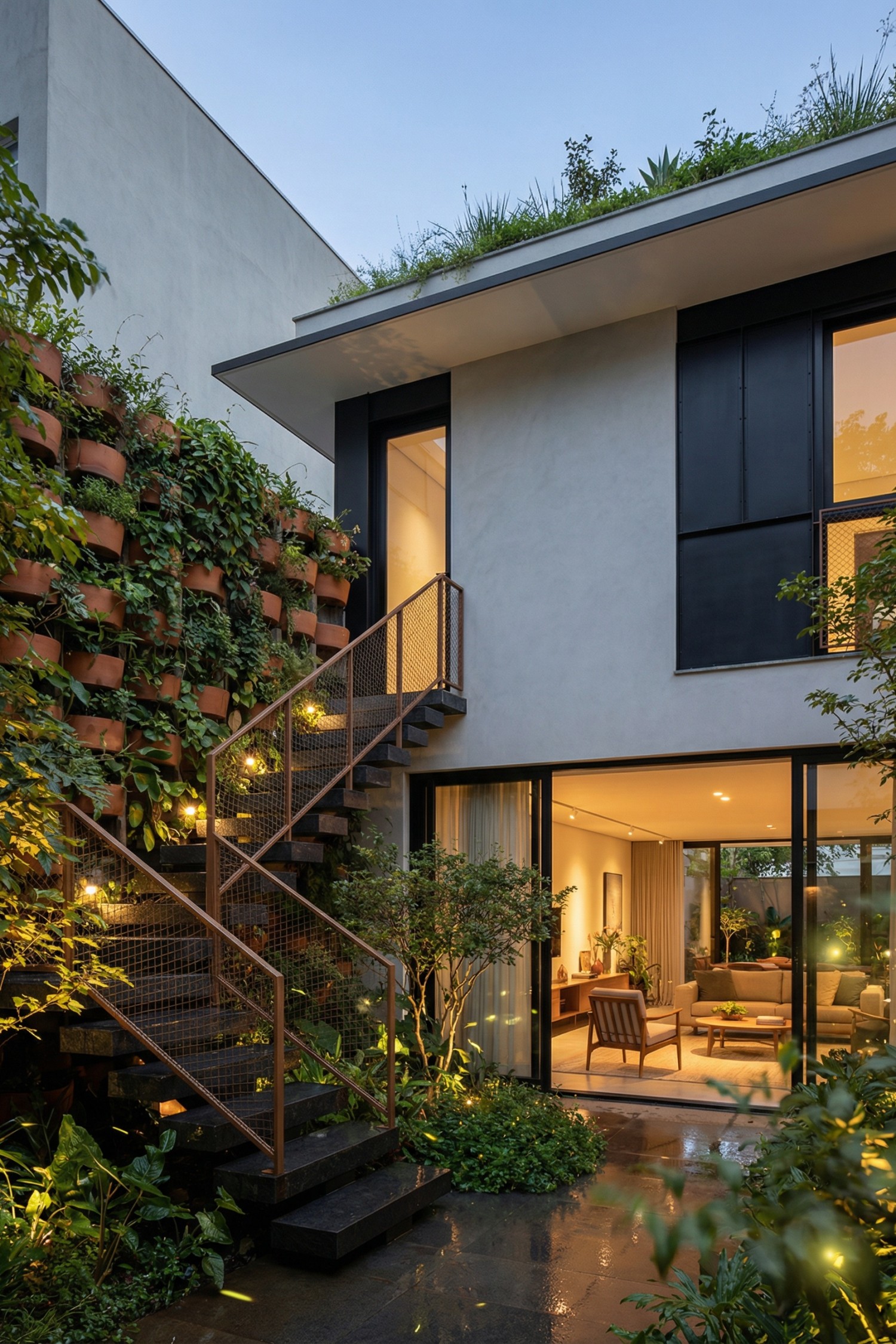 Exterior metal stair beside lush vertical garden