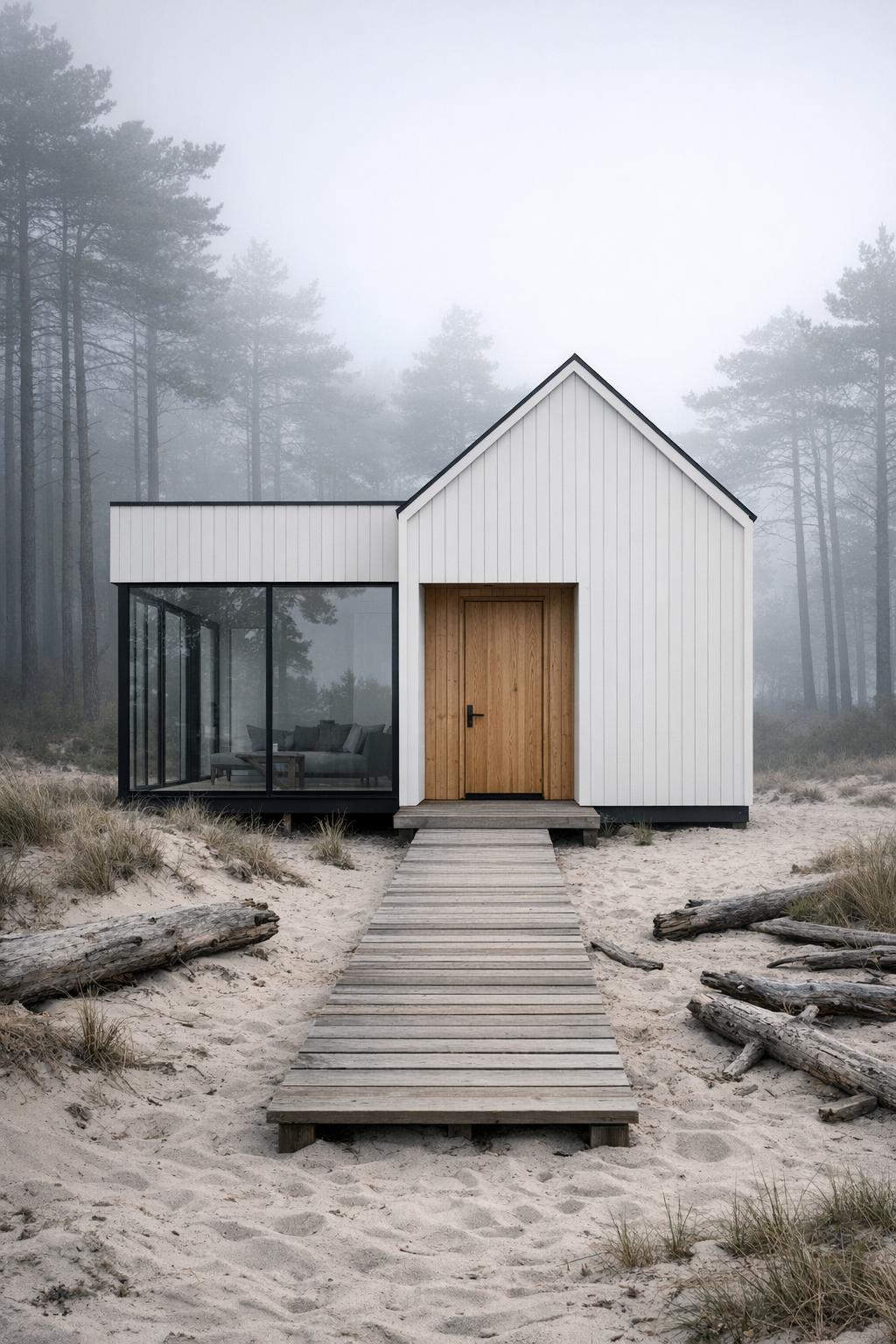 Minimalist white cabin with glass lounge volume on a foggy forested dune