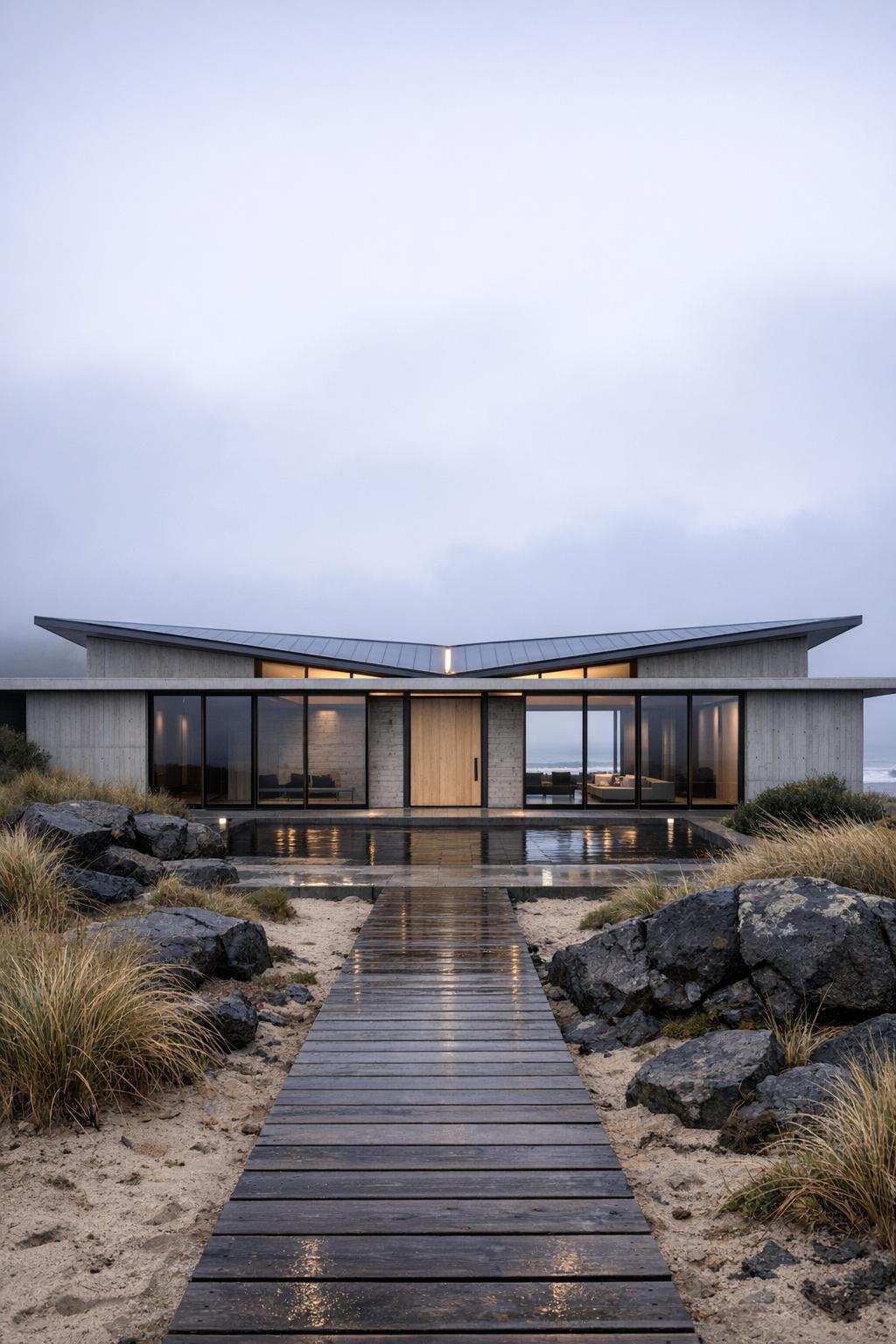 Concrete and glass beach house with butterfly roof framed by rocks and dune grass