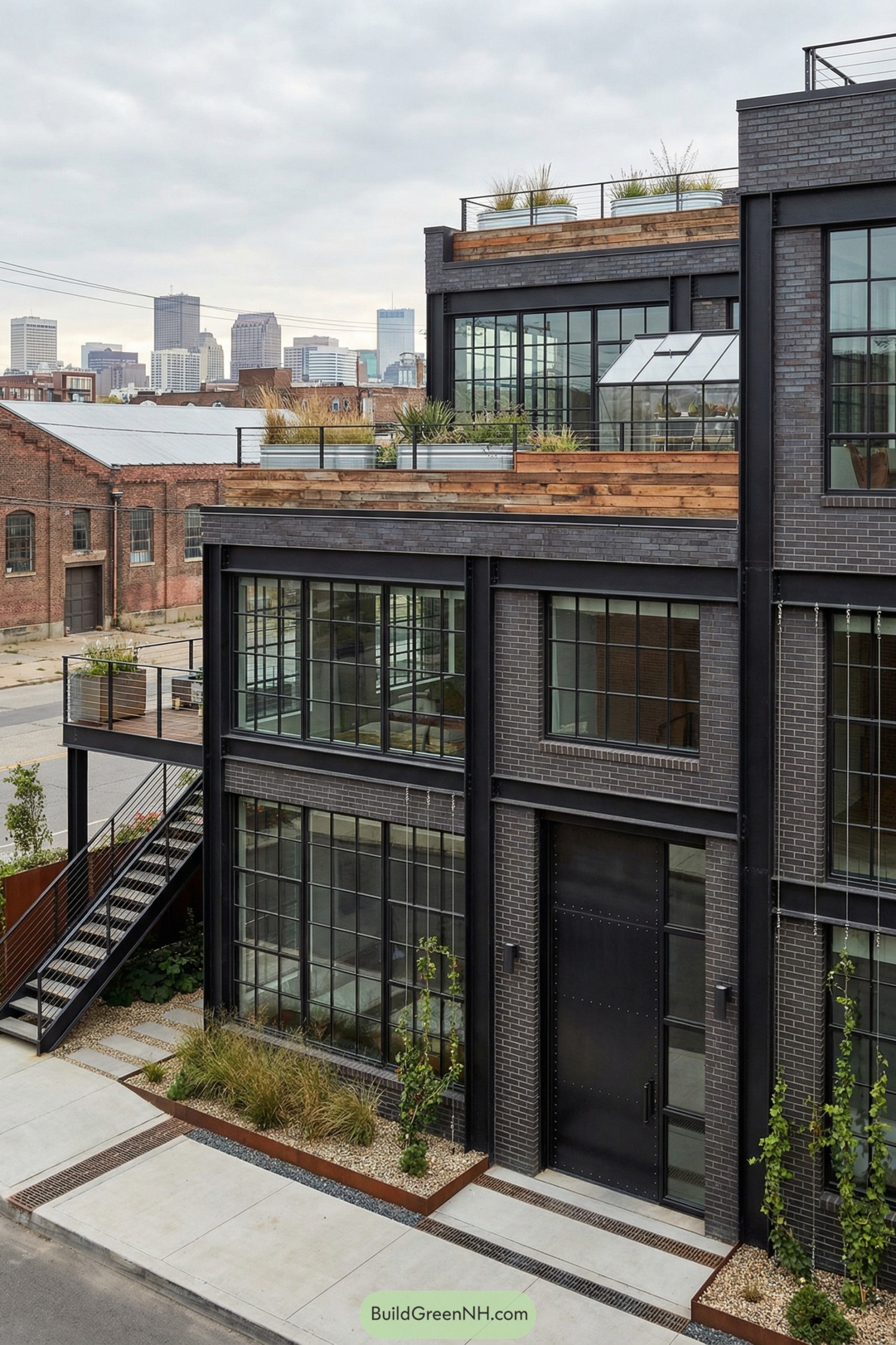 Modern black brick loft with layered roof gardens and greenhouse overlooking the city