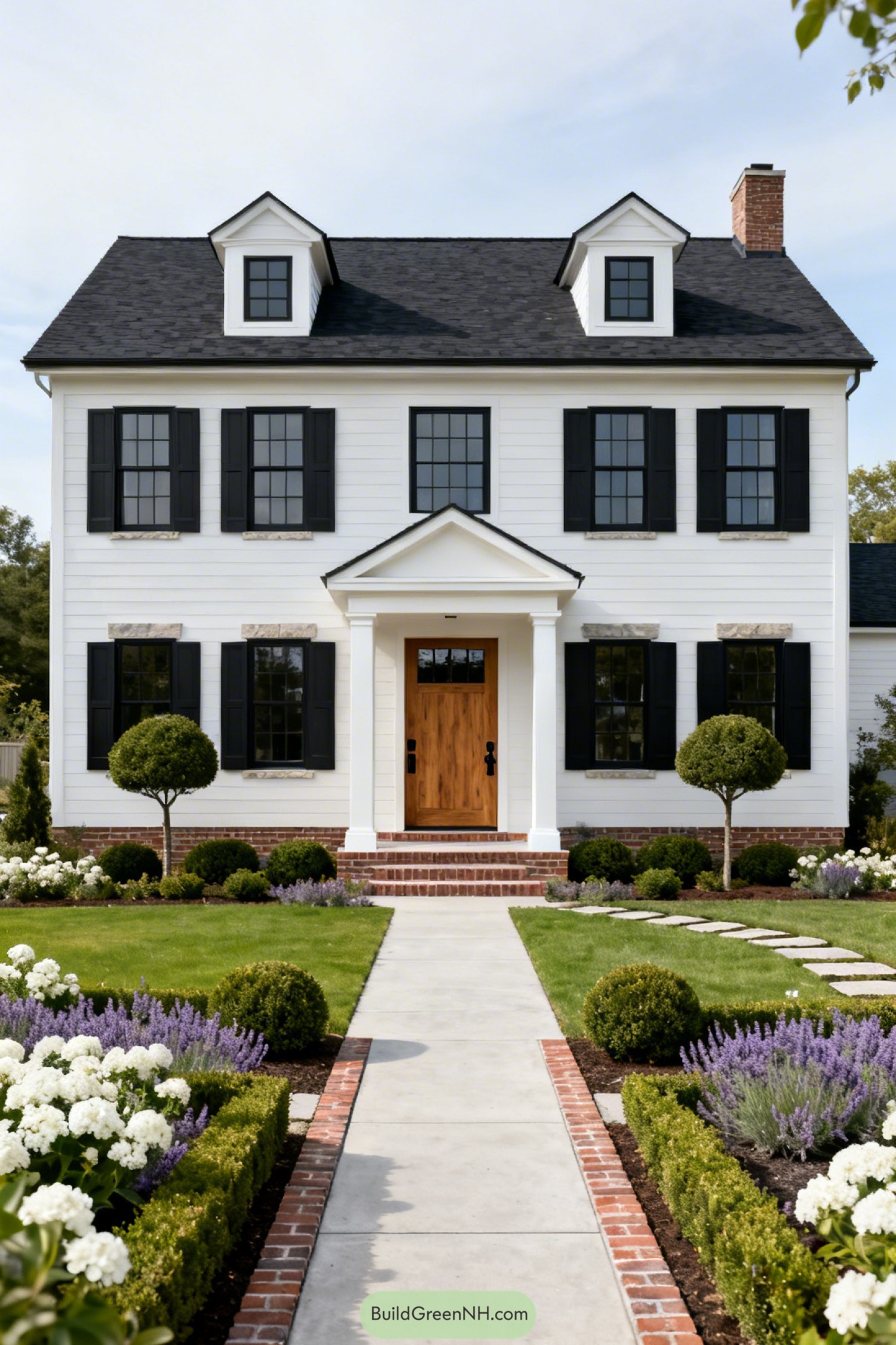 White colonial house with black shutters, dormers, and a manicured front garden