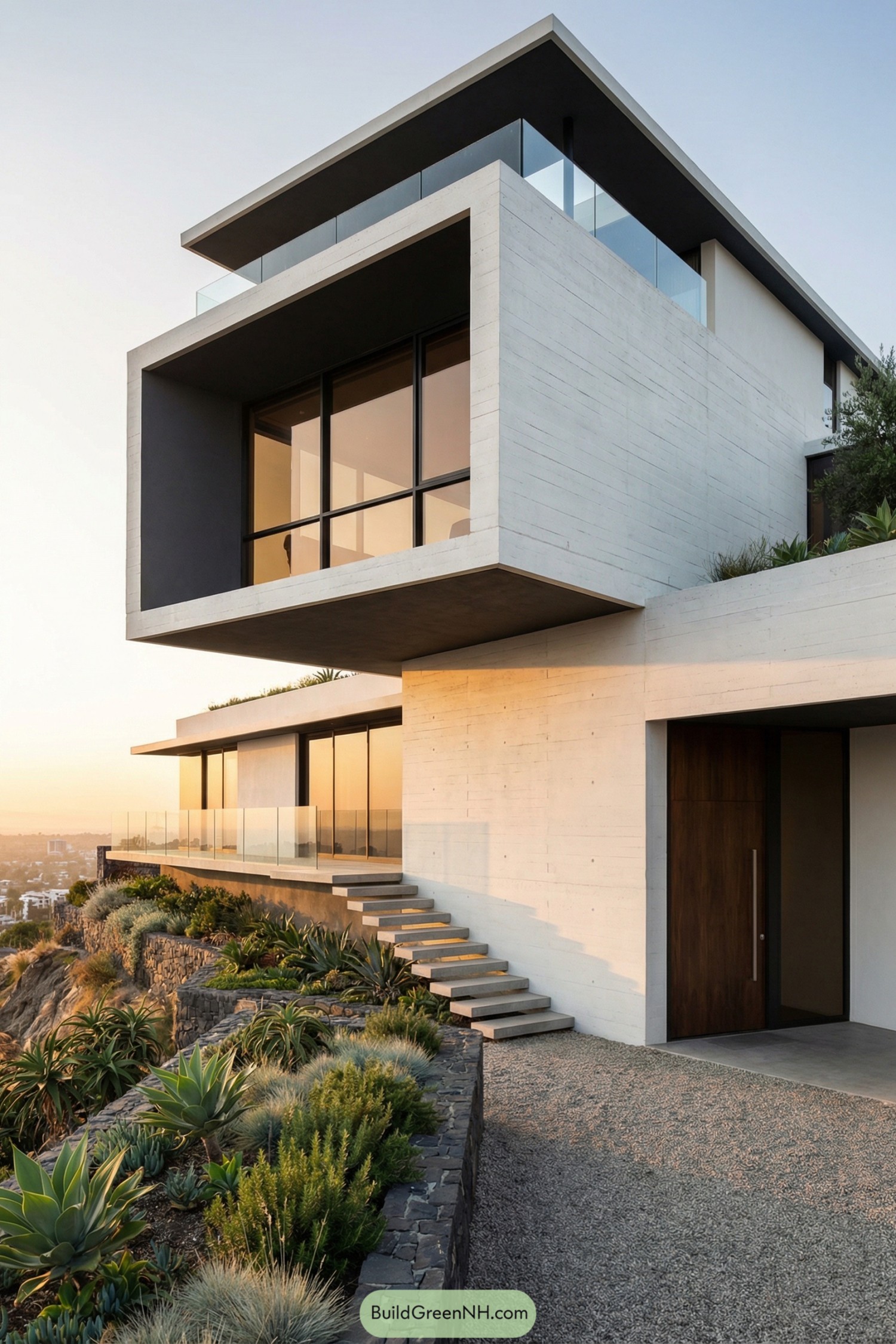 Modern concrete hillside house with terraced garden