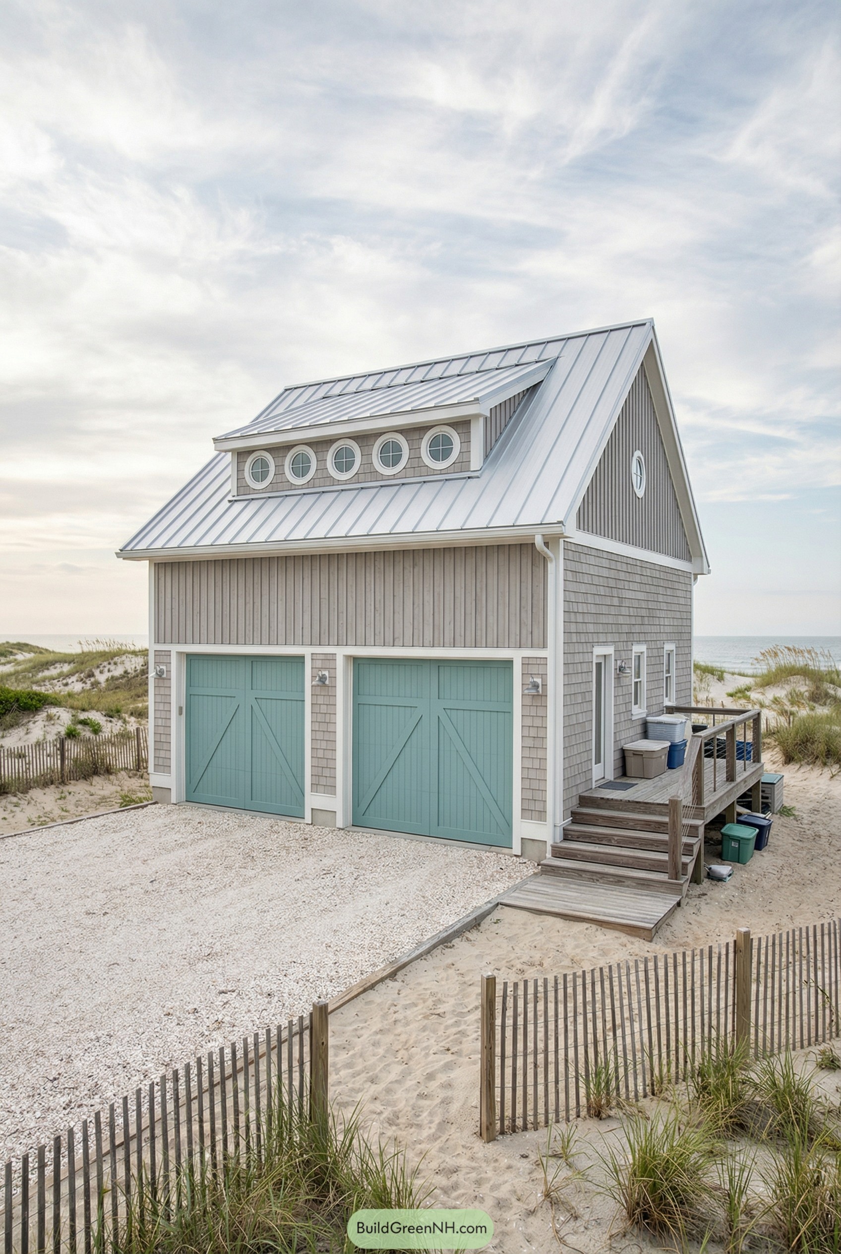 Coastal barn style garage with gray shingles, mint doors, and metal roof beside sandy dunes
