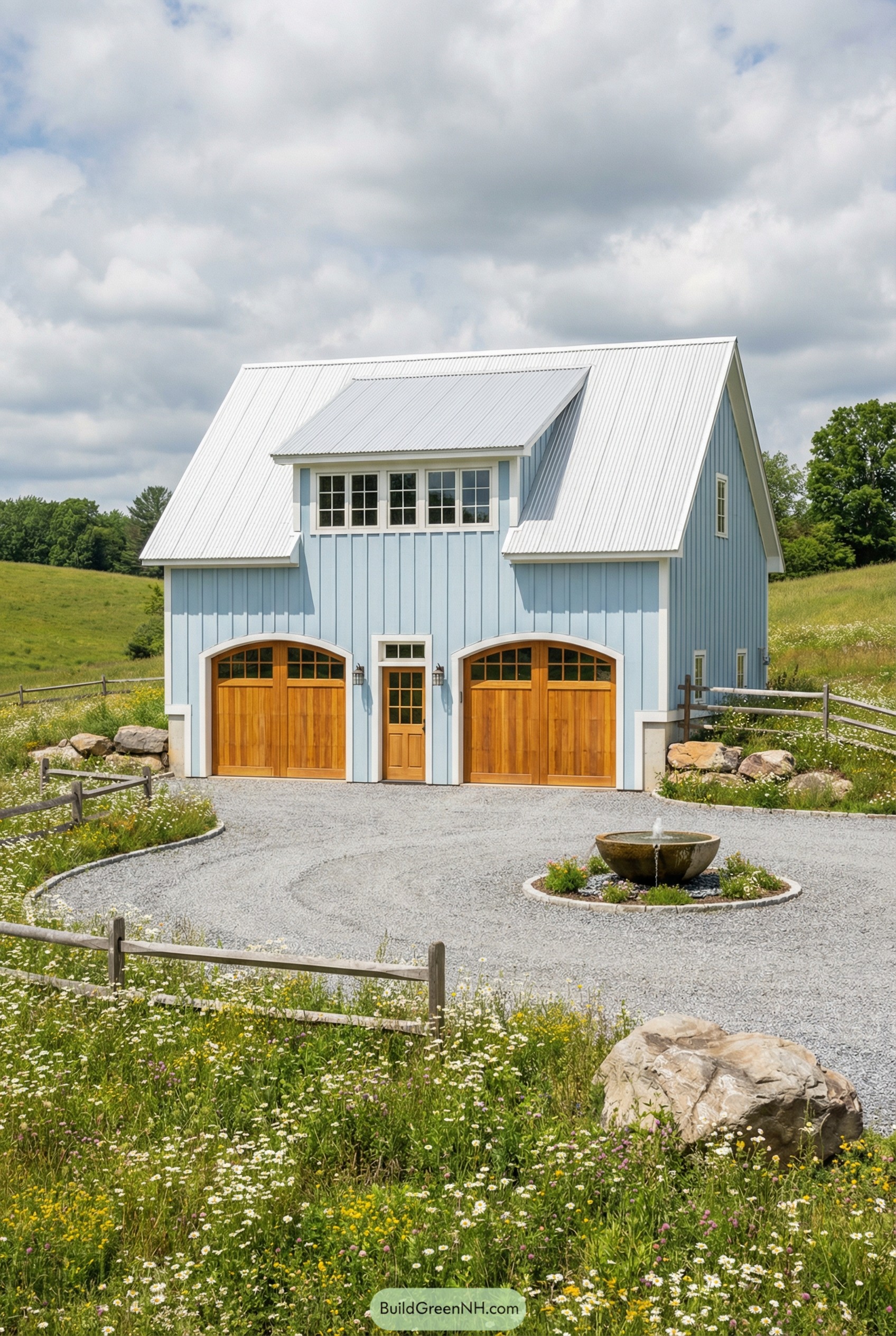Light blue barn style garage with wood doors and metal roof surrounded by wildflower meadow