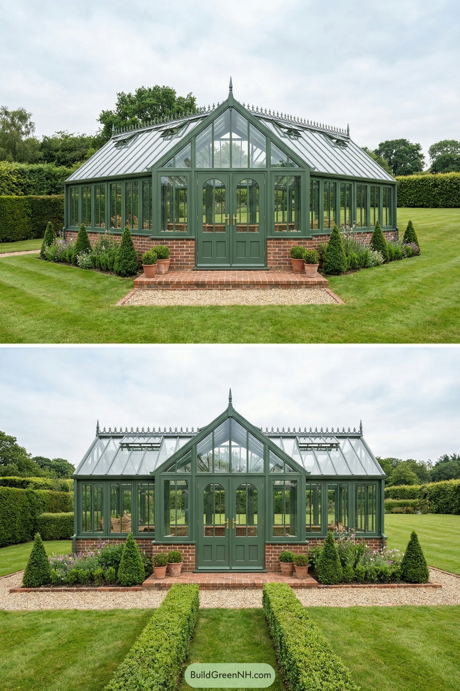 Classic green framed glasshouse with brick base in manicured lawn garden