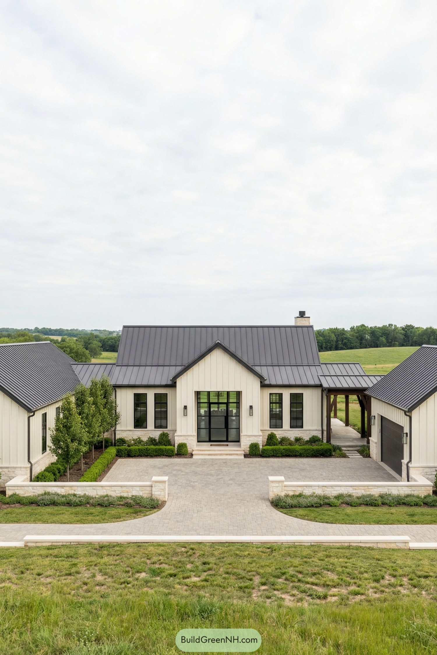 Modern white ranch barndominium with dark metal roof and central courtyard drive