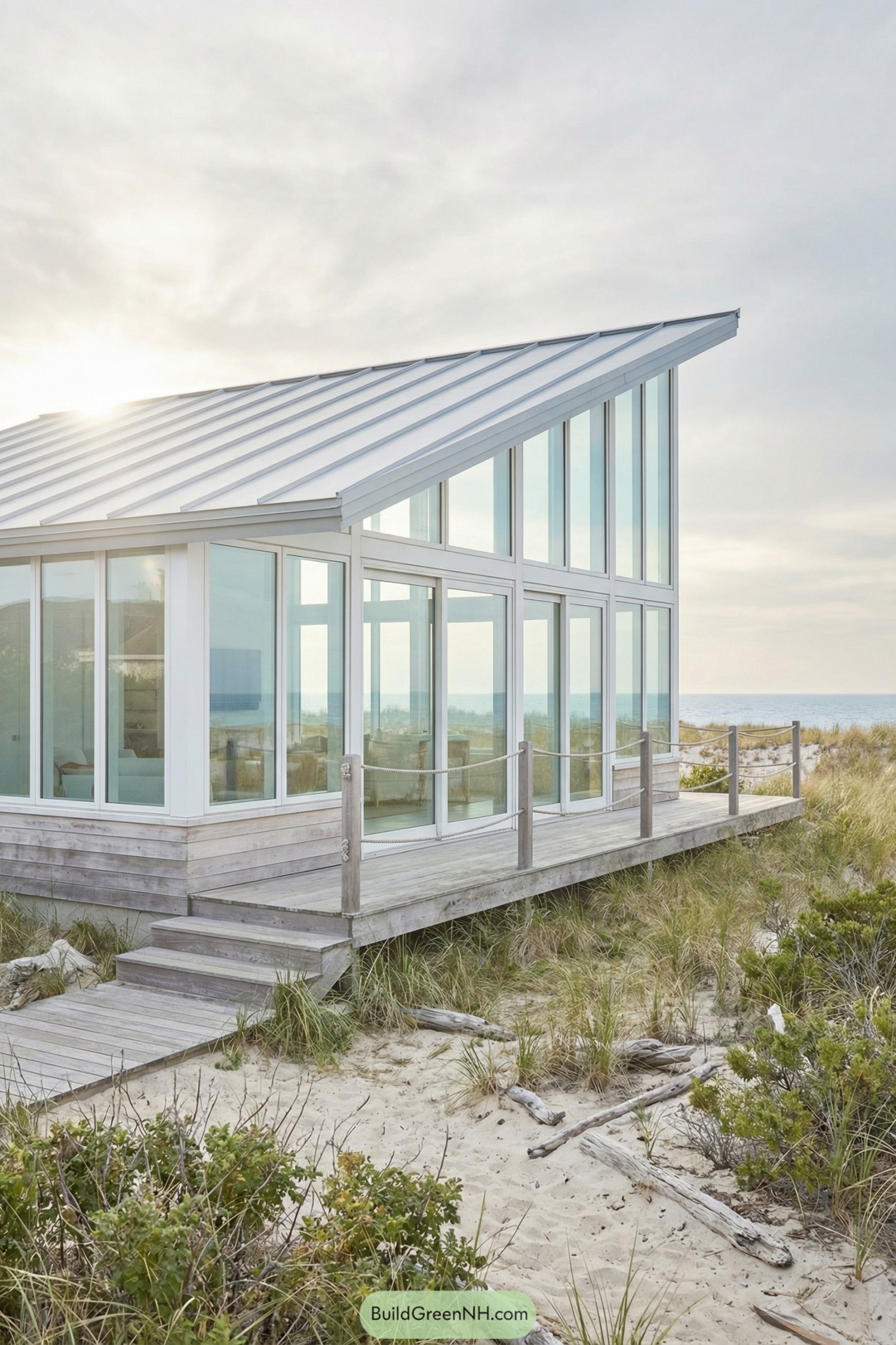 Modern glass beach house with sloped metal roof and wraparound deck