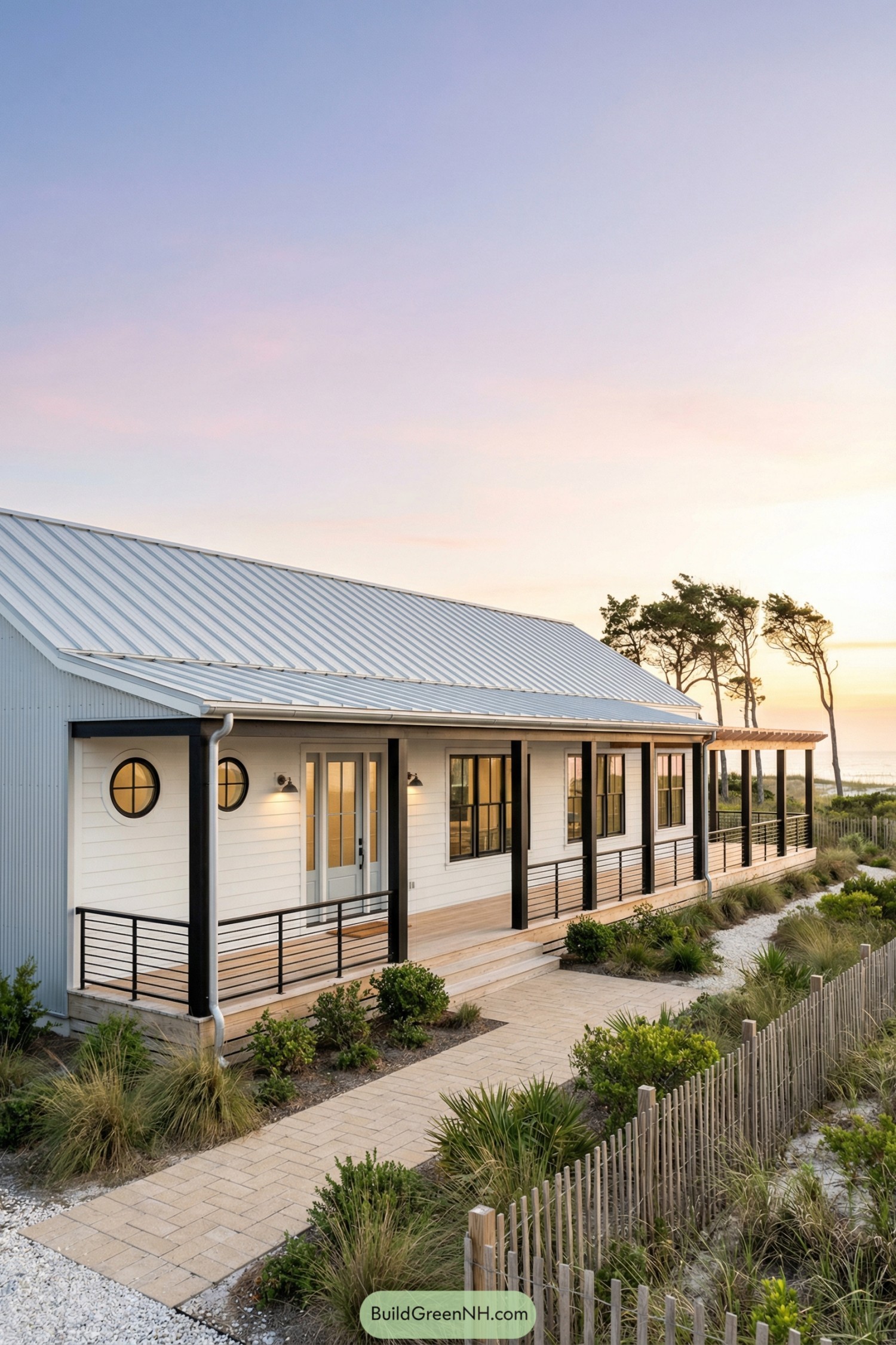 Modern white ranch barndominium with metal roof and long covered porch overlooking coastal landscaping at sunset