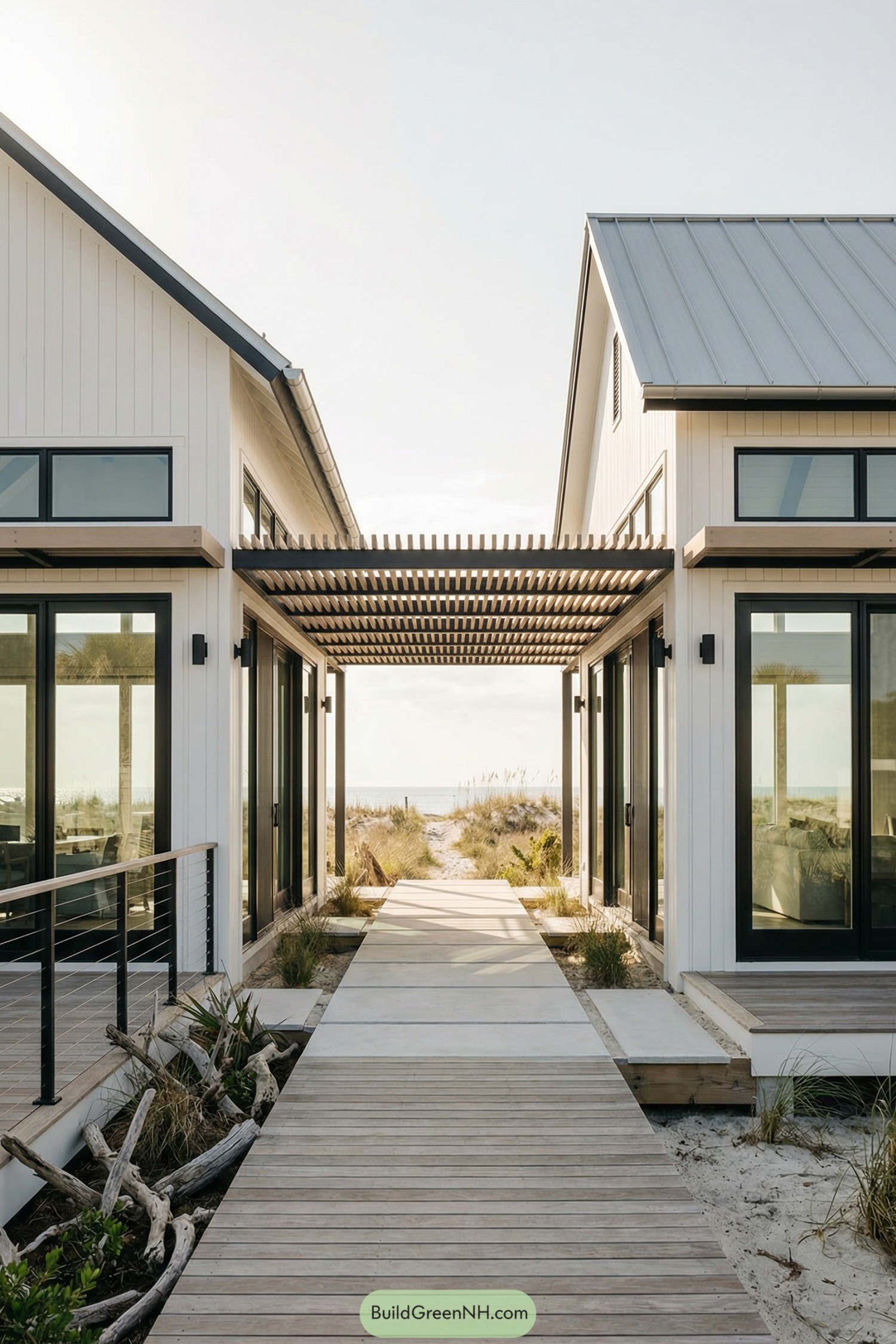 Beachside barndominium with pergola-topped breezeway walkway