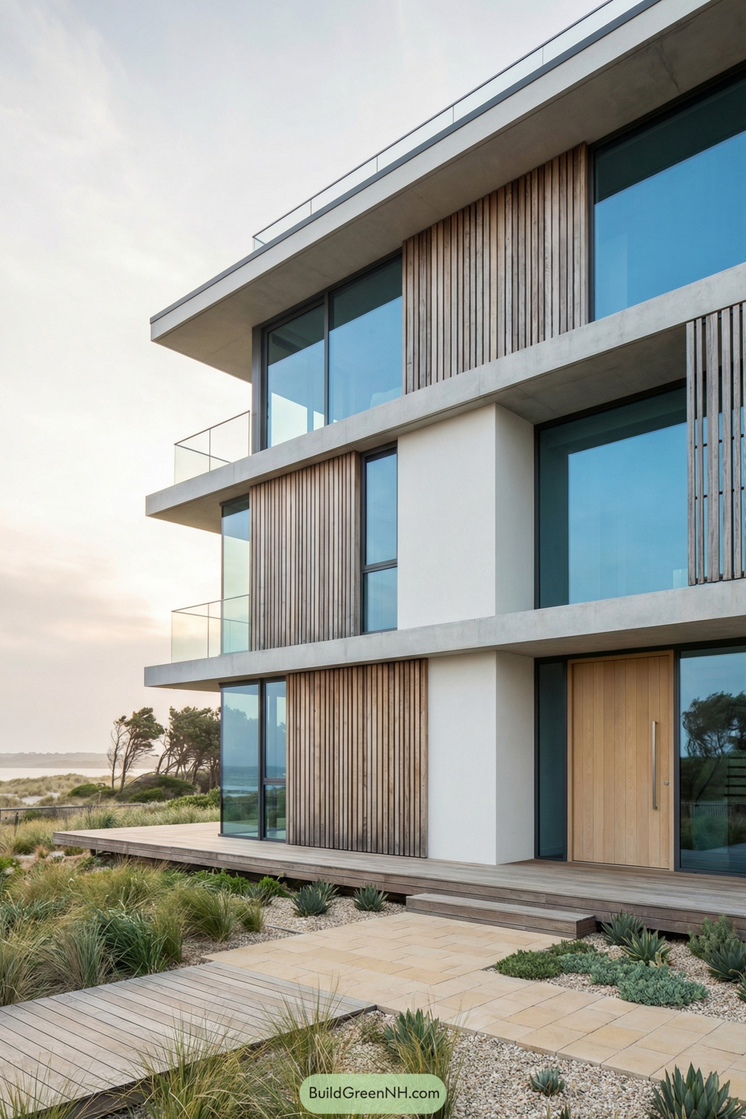 Modern beachfront house with wood slats and drought tolerant garden