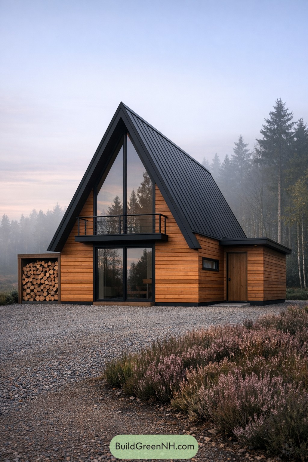Small A frame cabin with tall black metal roof and warm wood siding set on a gravel clearing by the forest