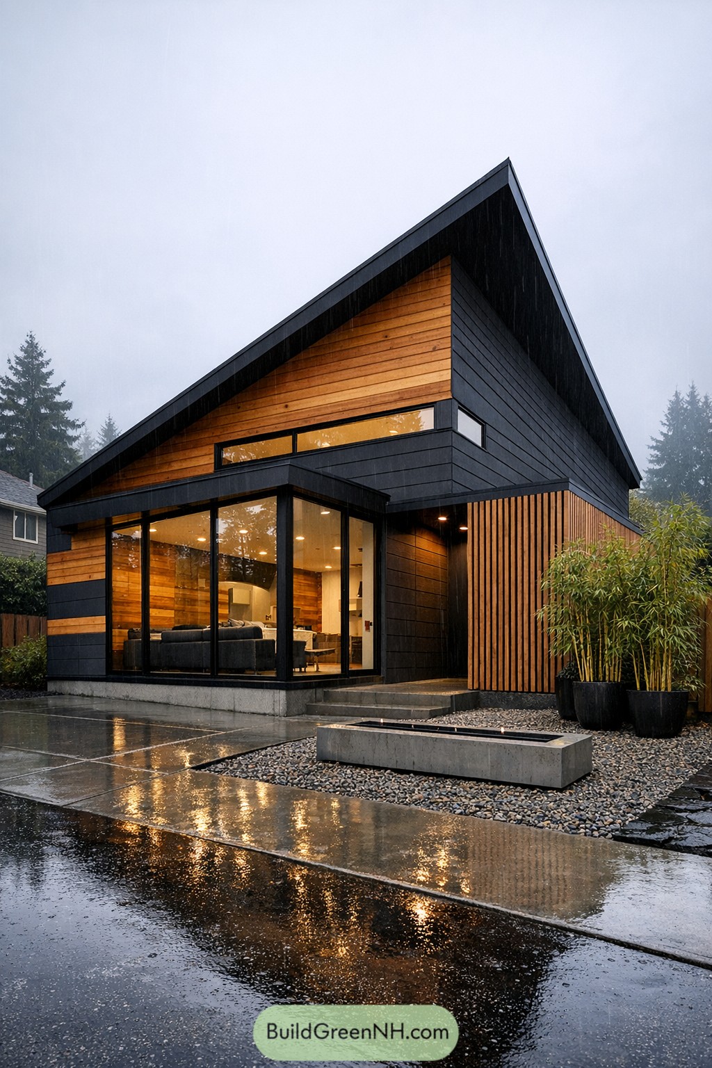 Modern small house with sloped black roof, warm wood siding, and large glass walls on a rainy day