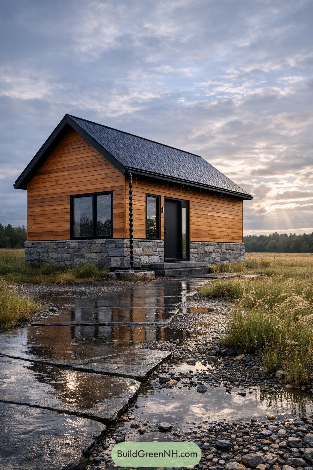 Compact wood and stone cabin in open meadow with rain chain and reflective wet stone path