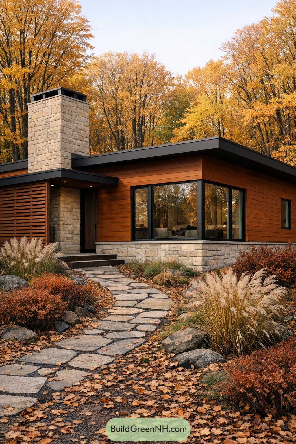 Modern wood and stone house with low roof and winding stone path in an autumn landscape