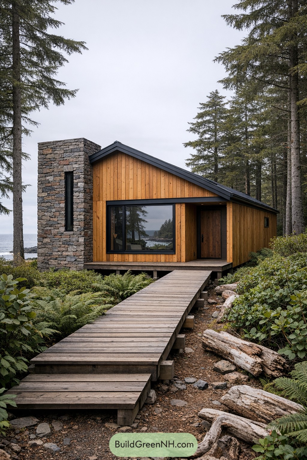 Compact wood cabin with stone chimney, large window, and raised boardwalk set in a forested shoreline
