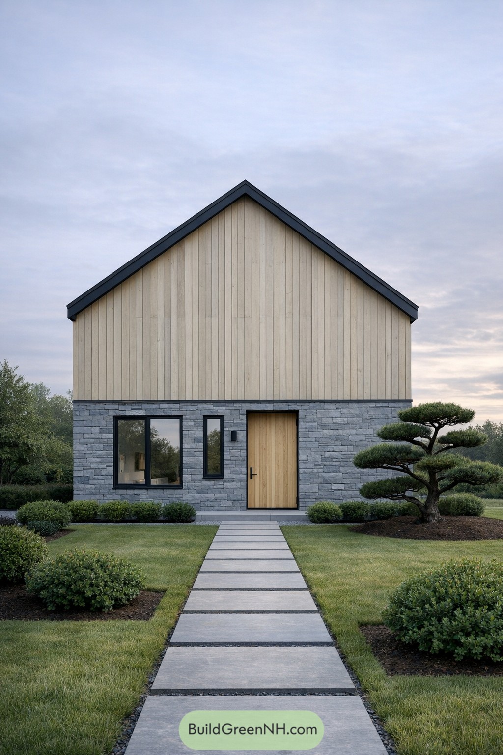 Compact modern house with stone base level wood upper facade and minimalist garden path