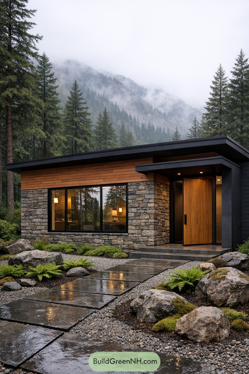 Modern stone and wood cabin in misty forest