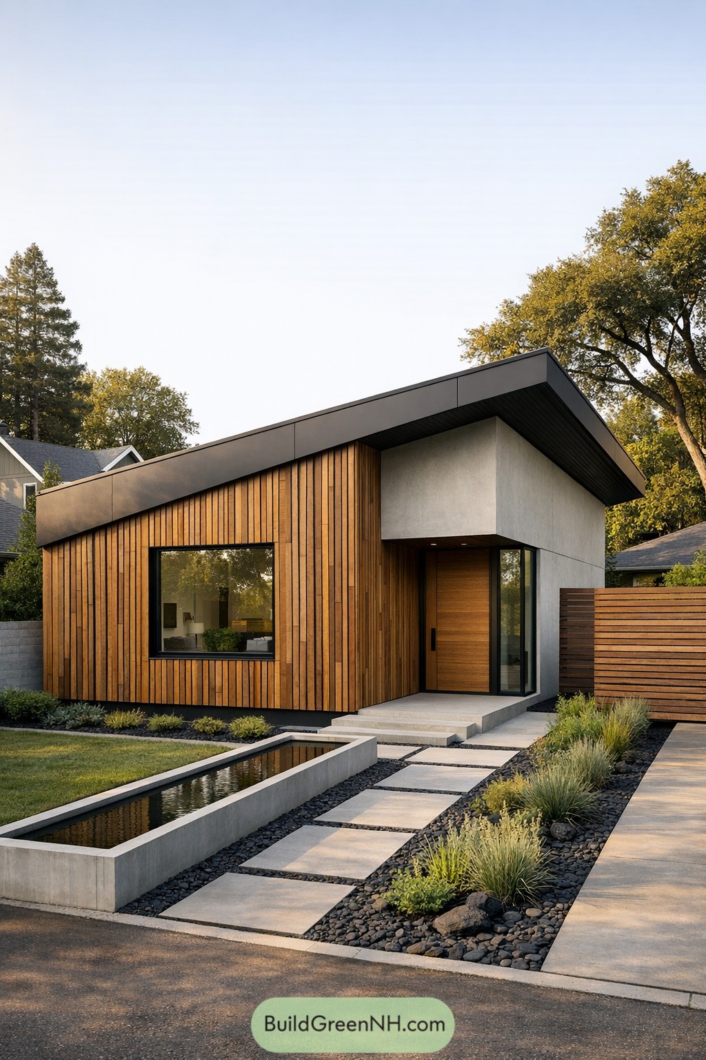 Modern small house with sloped roof concrete and vertical wood siding framed by a reflecting pond and stone path