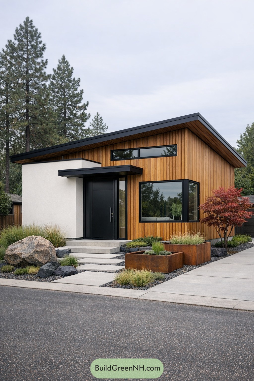 Modern small house with cedar siding and black framed windows