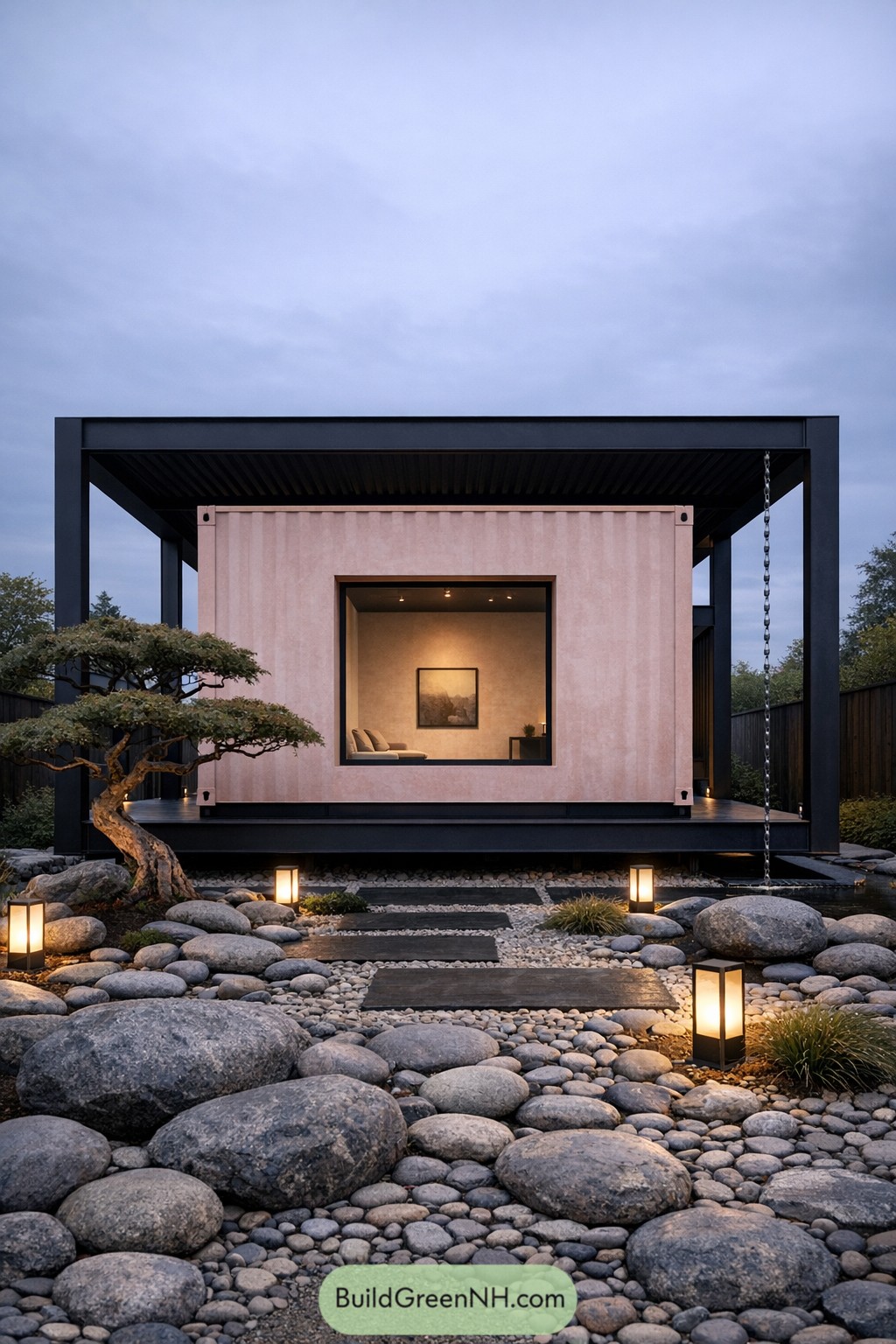 Modern container house with black frame, large square window, and stone garden with lanterns