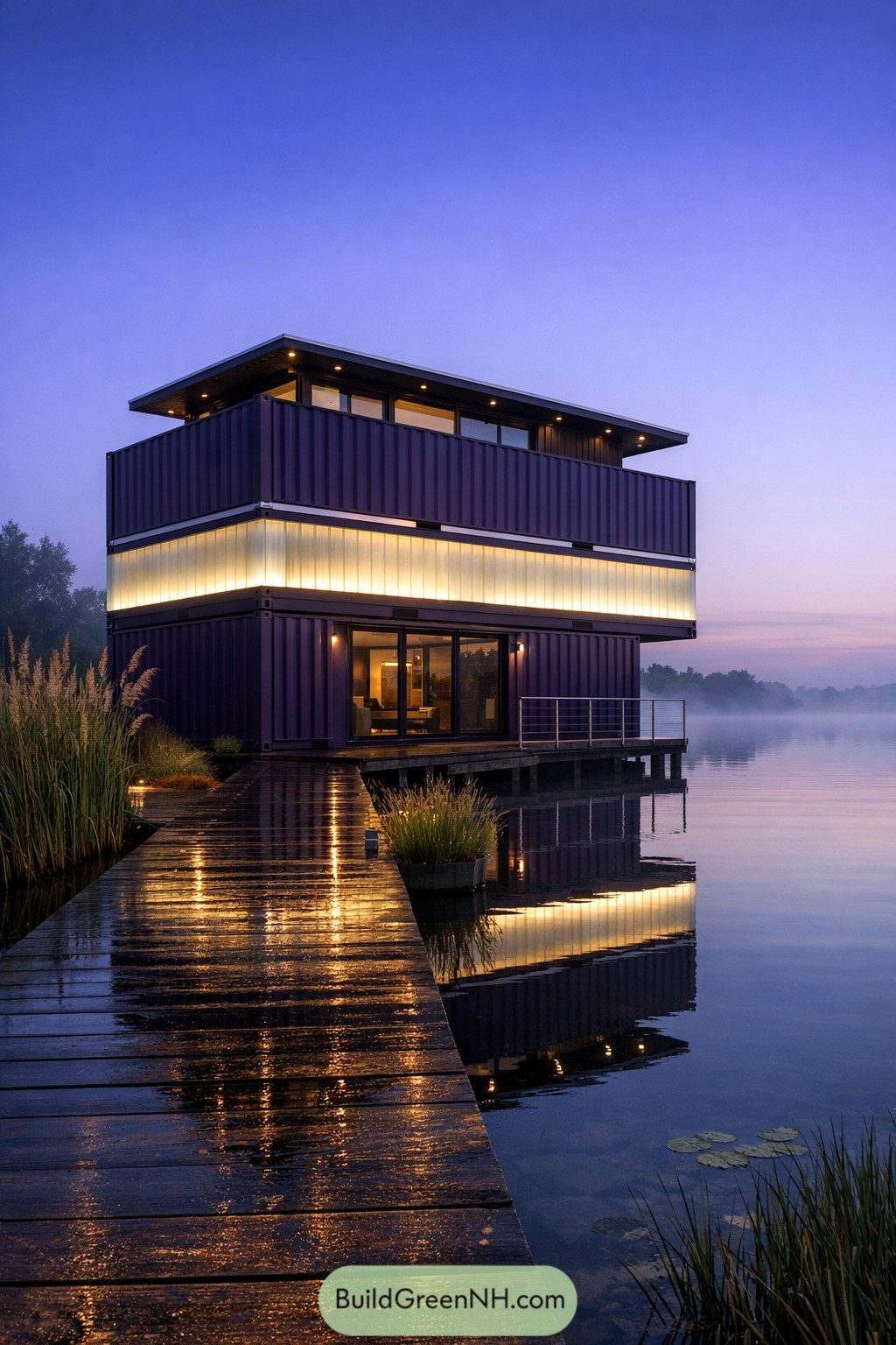 Modern two story container house over lake at dusk