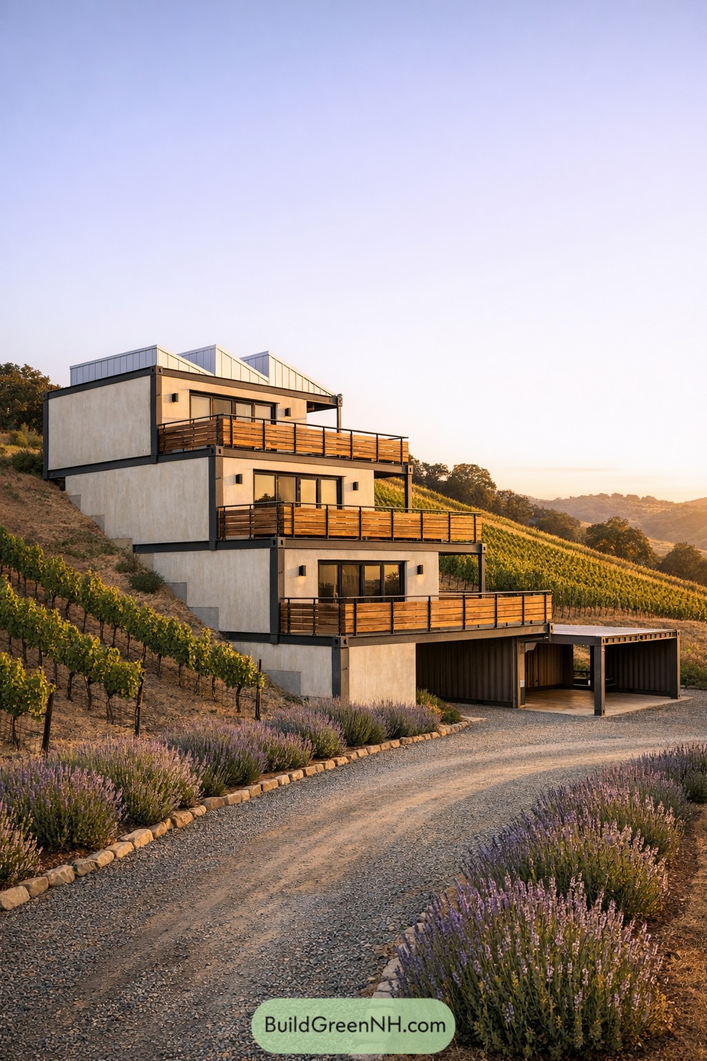 Stepped container house with wide decks on a sunny hillside vineyard