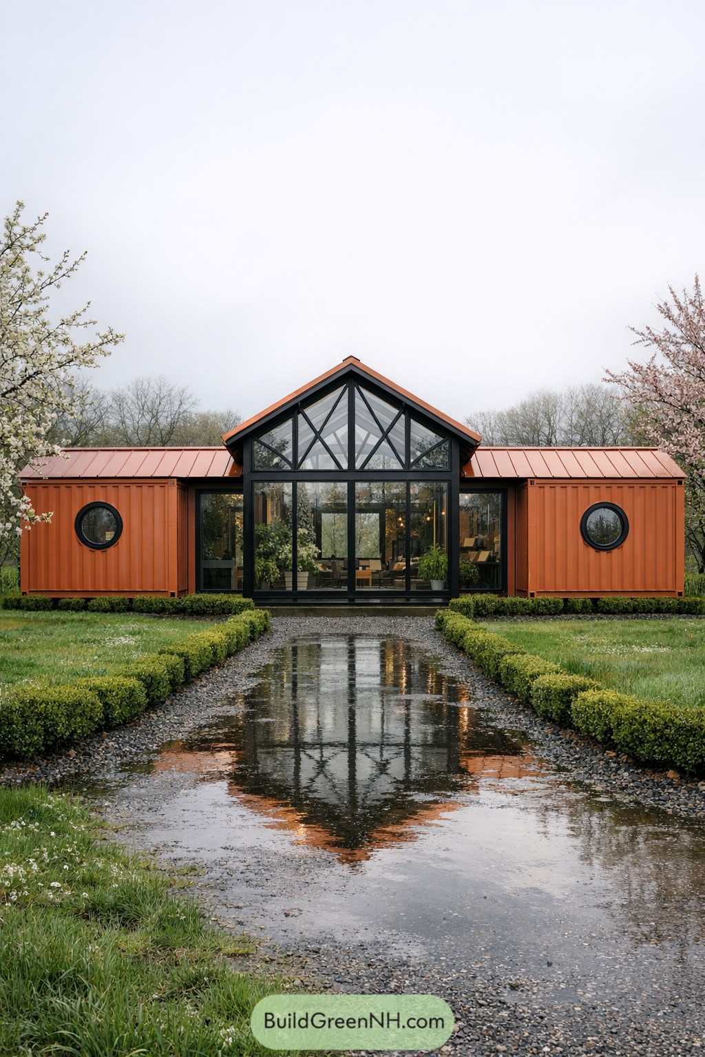 Modern orange container house with central glass atrium