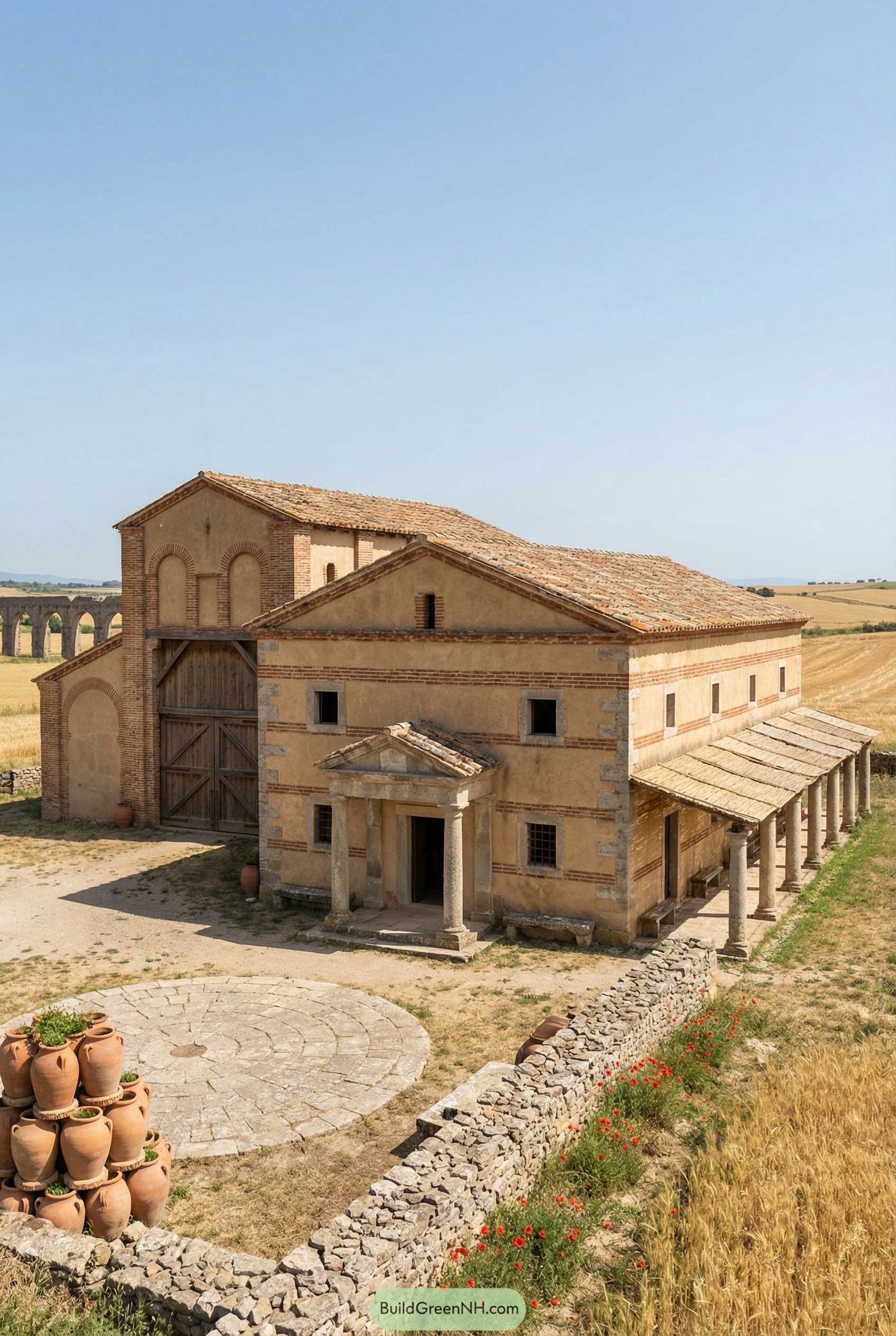 Roman style farmhouse with stone walls and colonnaded porch in open countryside