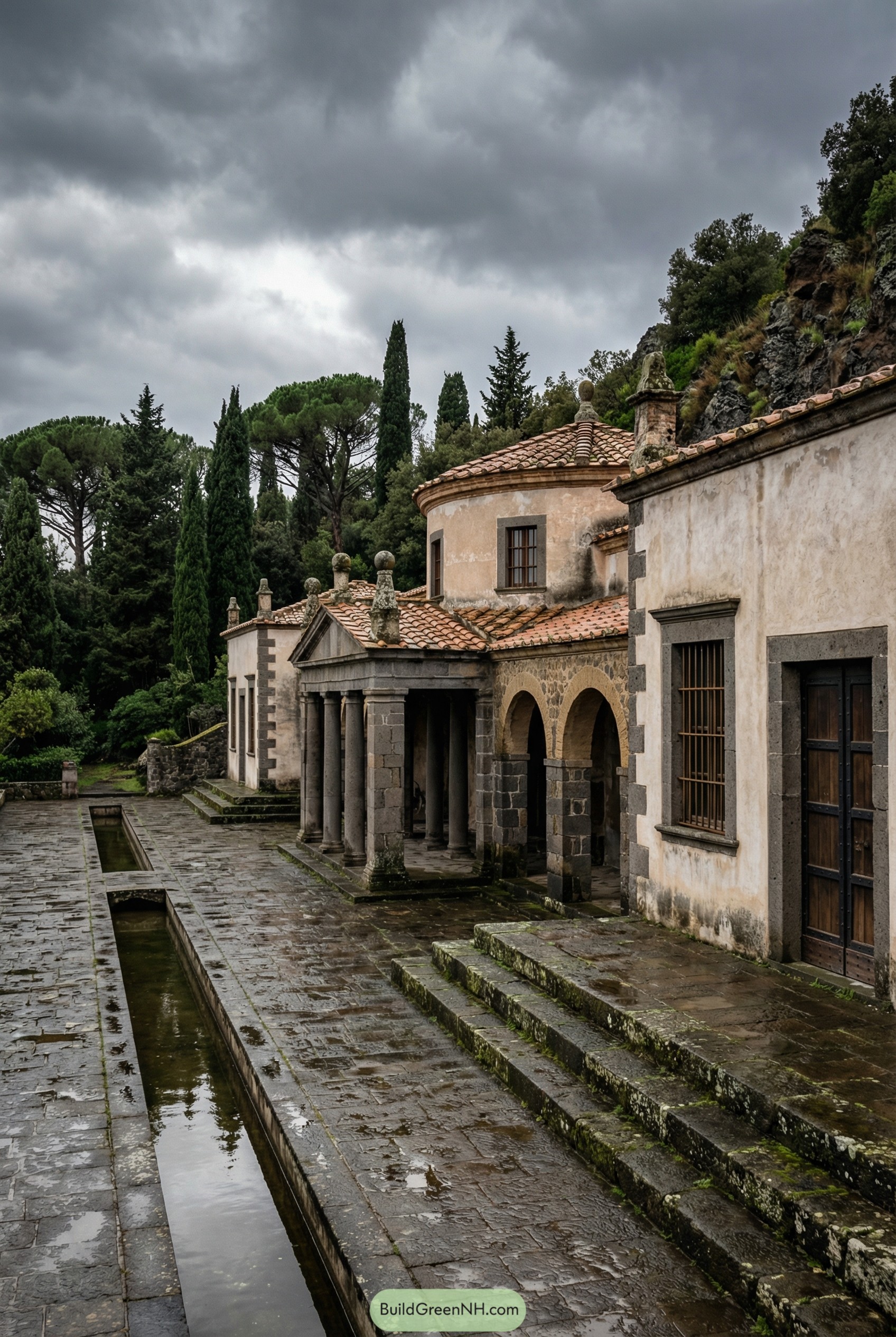 Historic style villa with stone colonnade, terracotta roofs, and narrow reflecting pool in a wooded setting