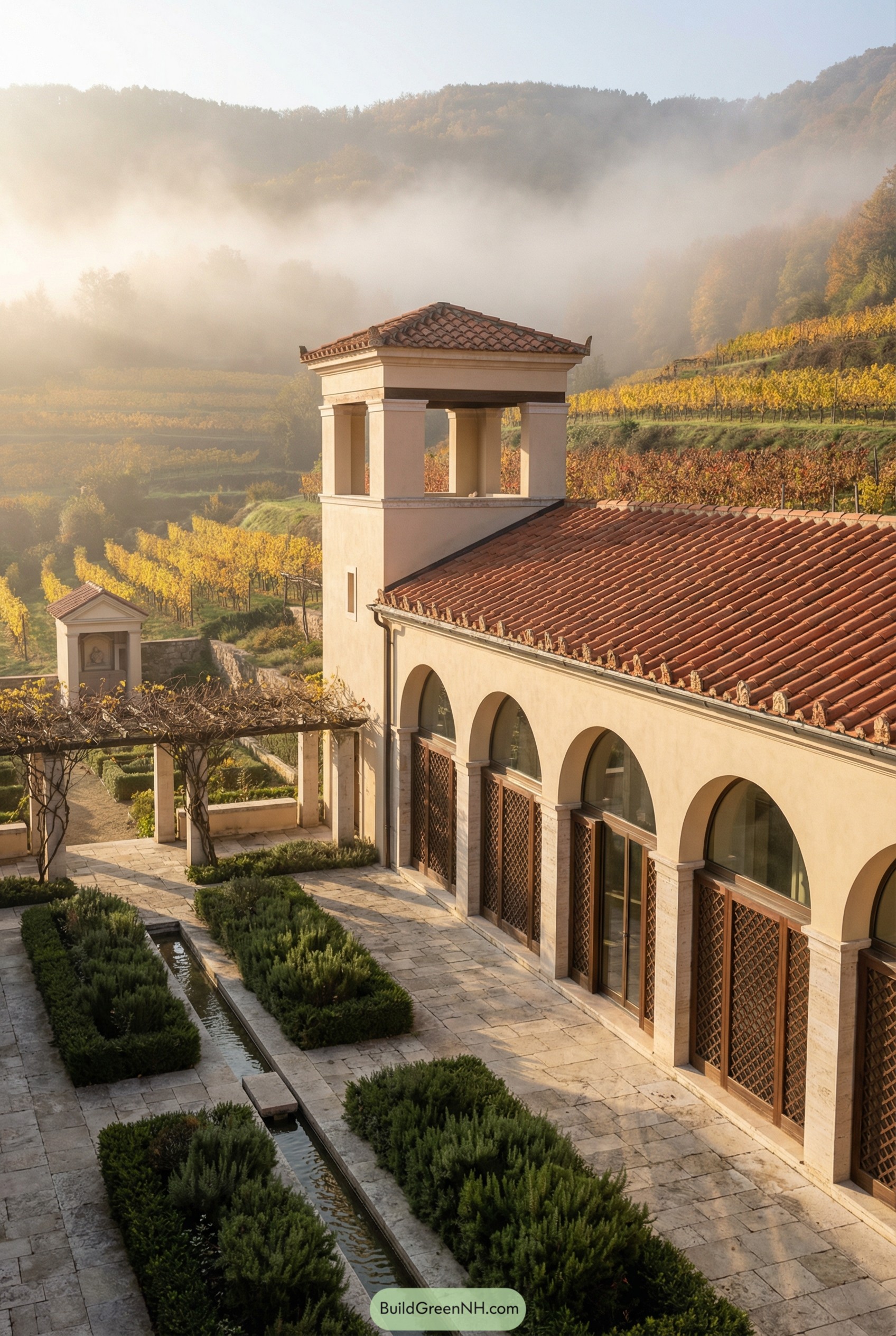Roman style villa with tower courtyard and vineyards