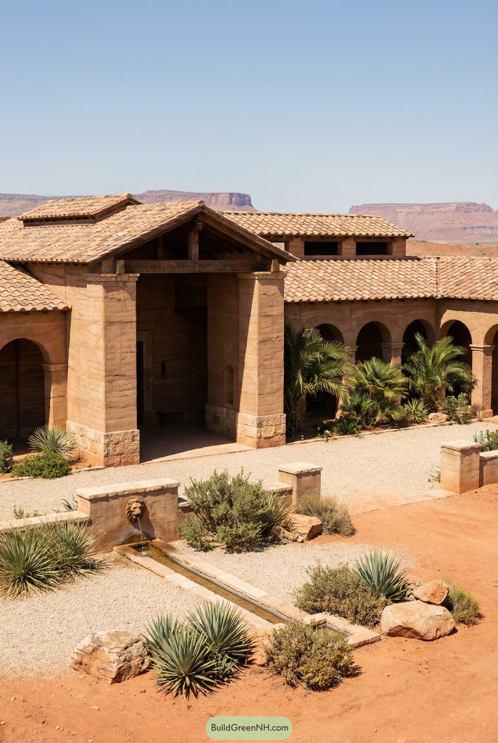 Roman style desert villa with arcades courtyard and narrow fountain channel