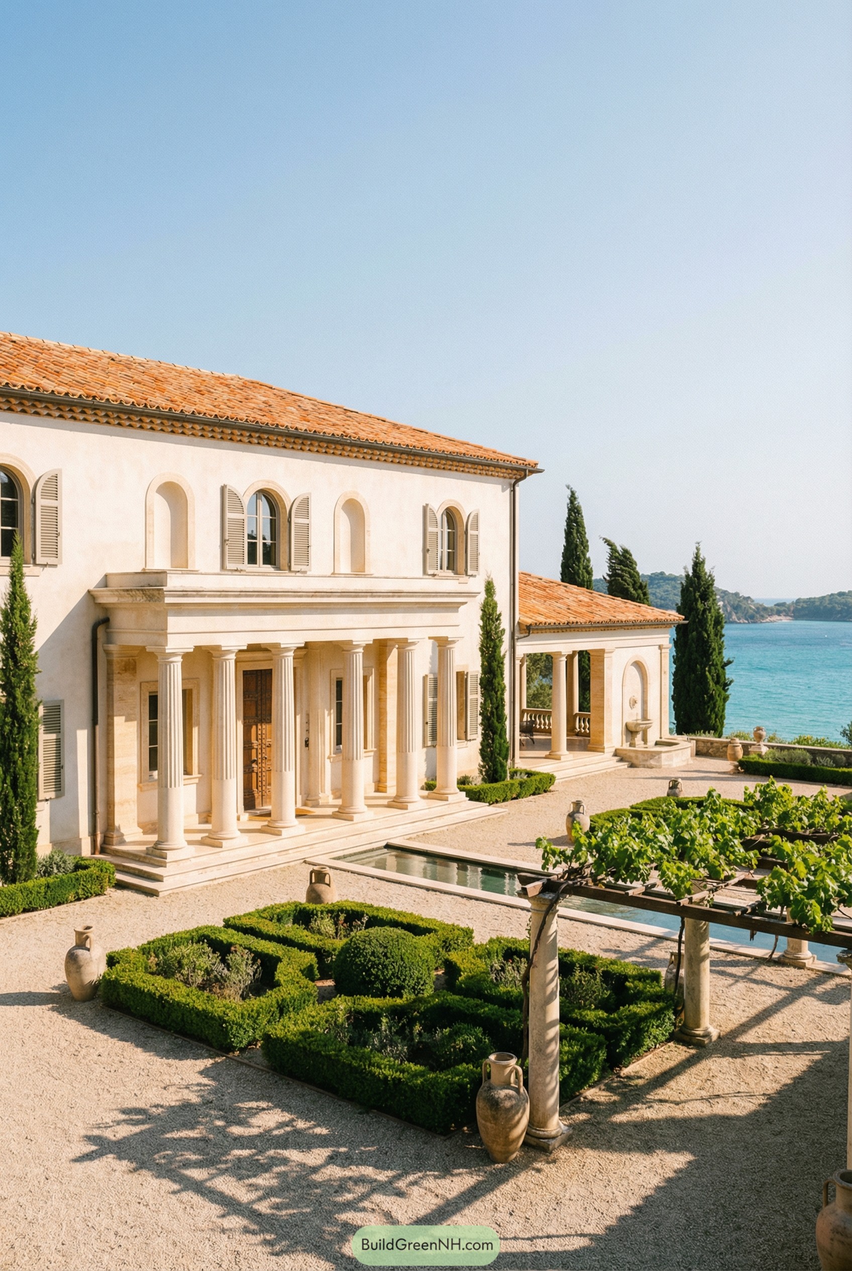 Mediterranean style villa with columns and formal garden by the sea