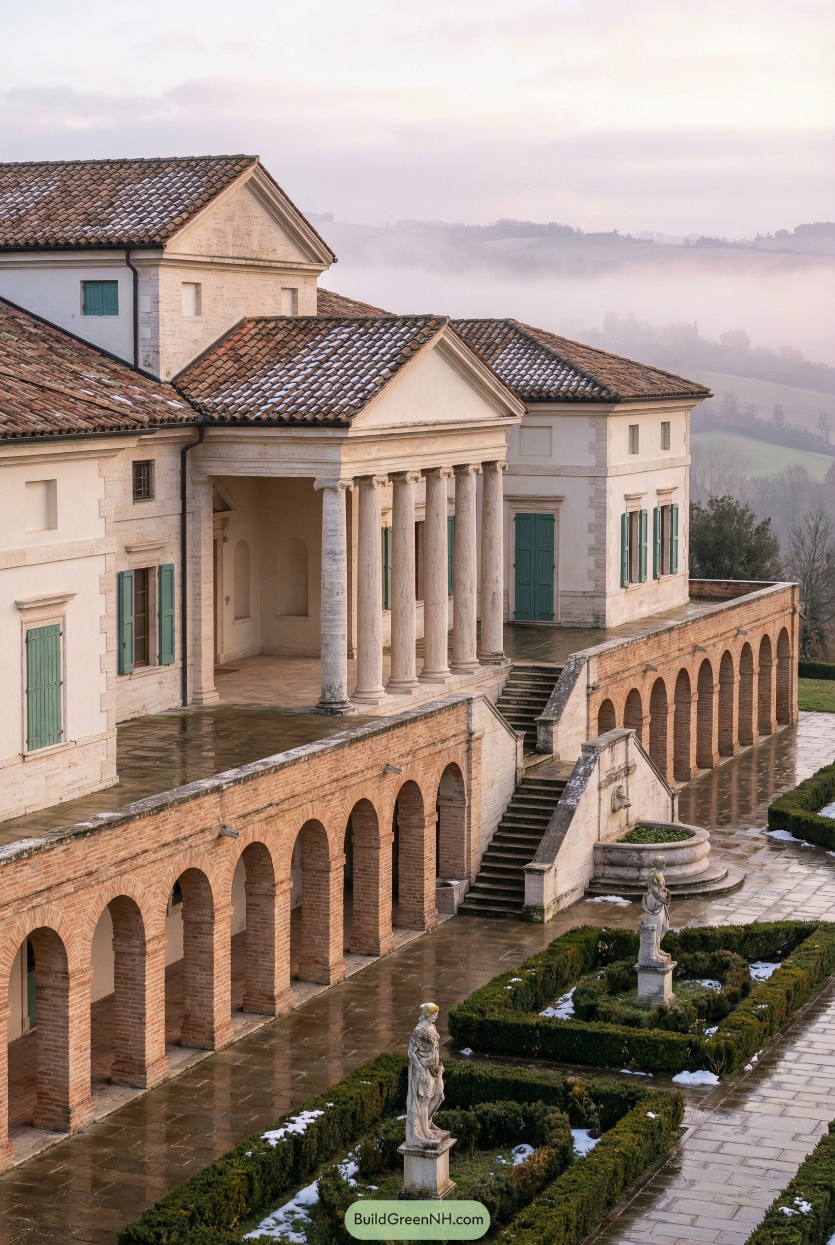 Elegant Roman style villa with columned portico, arched brick loggia, and formal statue garden on a misty hillside