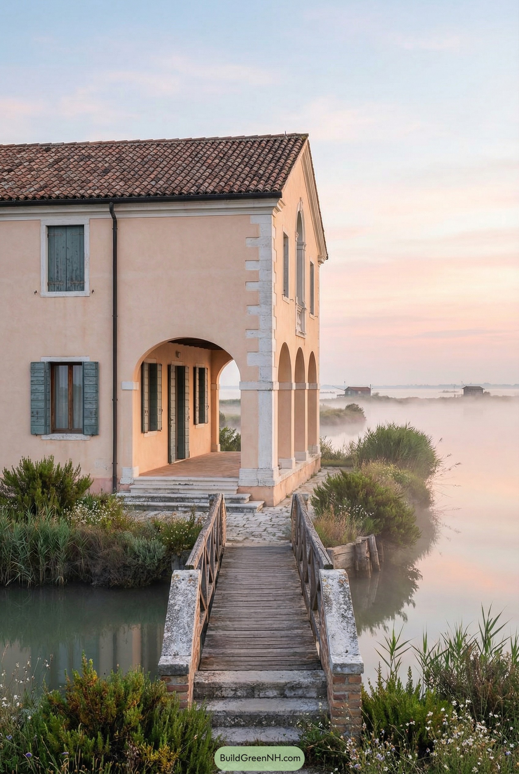 Pale peach Italian villa beside a misty lagoon with arched porch and narrow wooden bridge