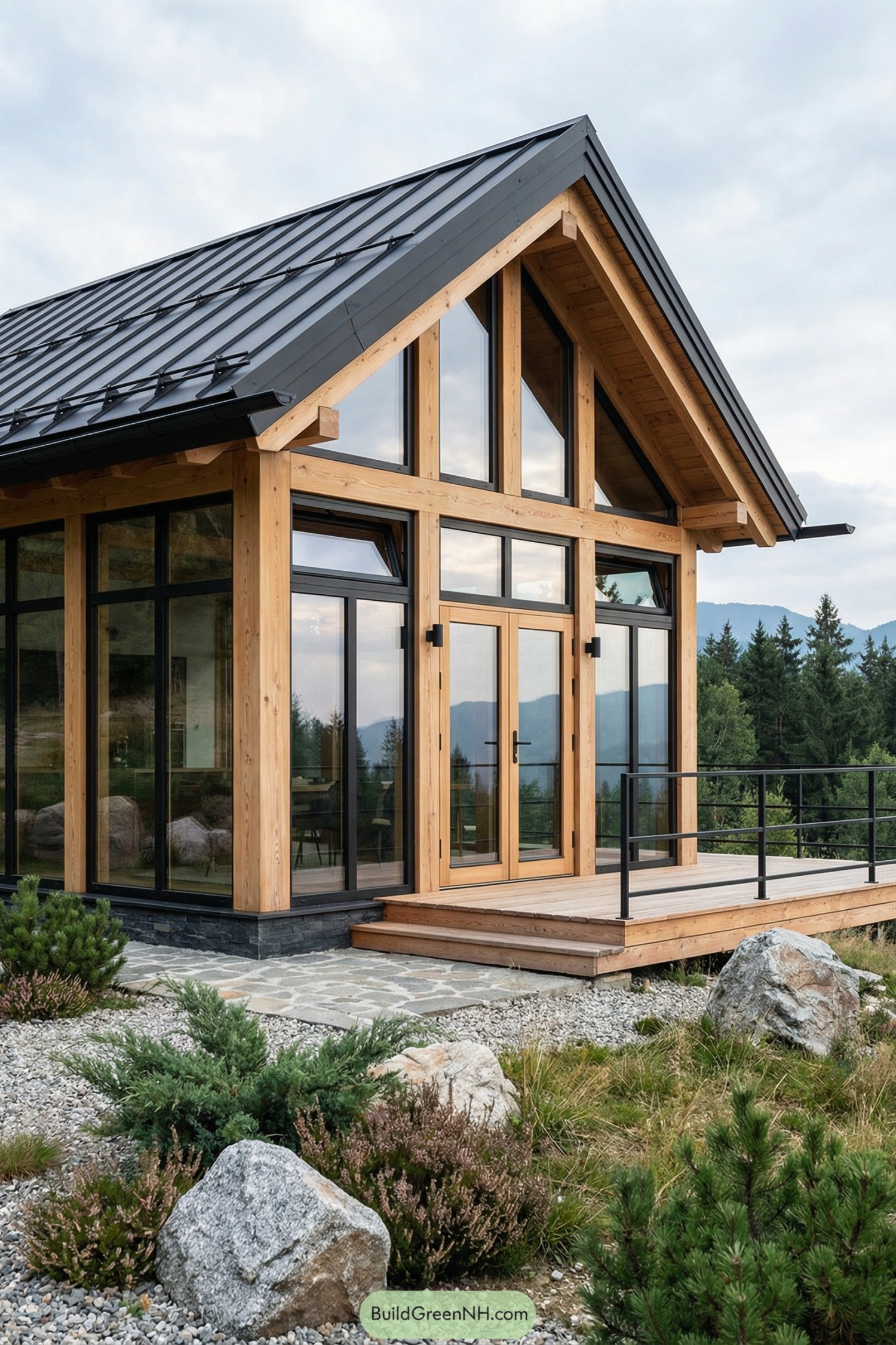 Wood framed glass garden house by mountains