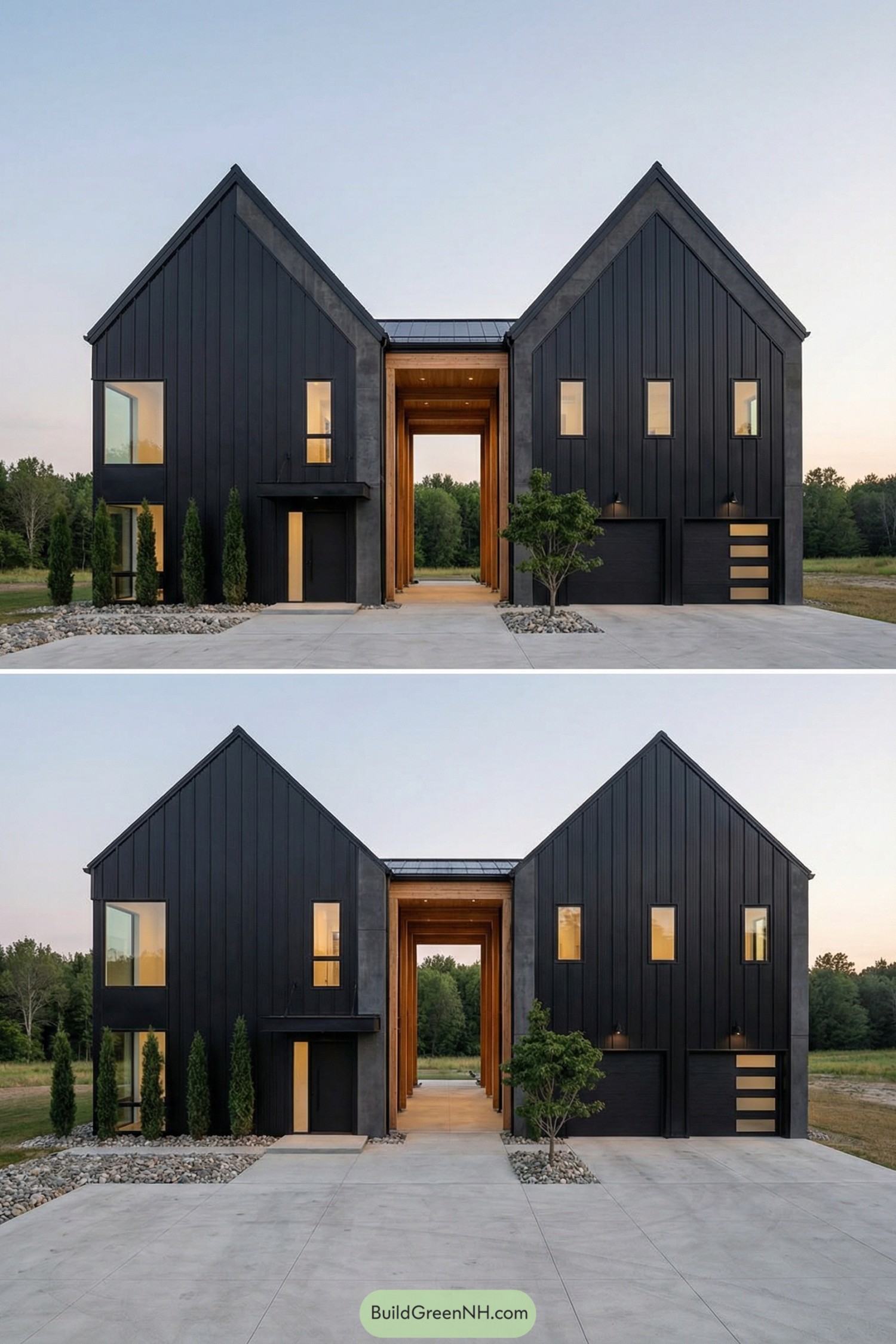 Two black metal gabled volumes connected by a tall wood lined breezeway over a concrete drive