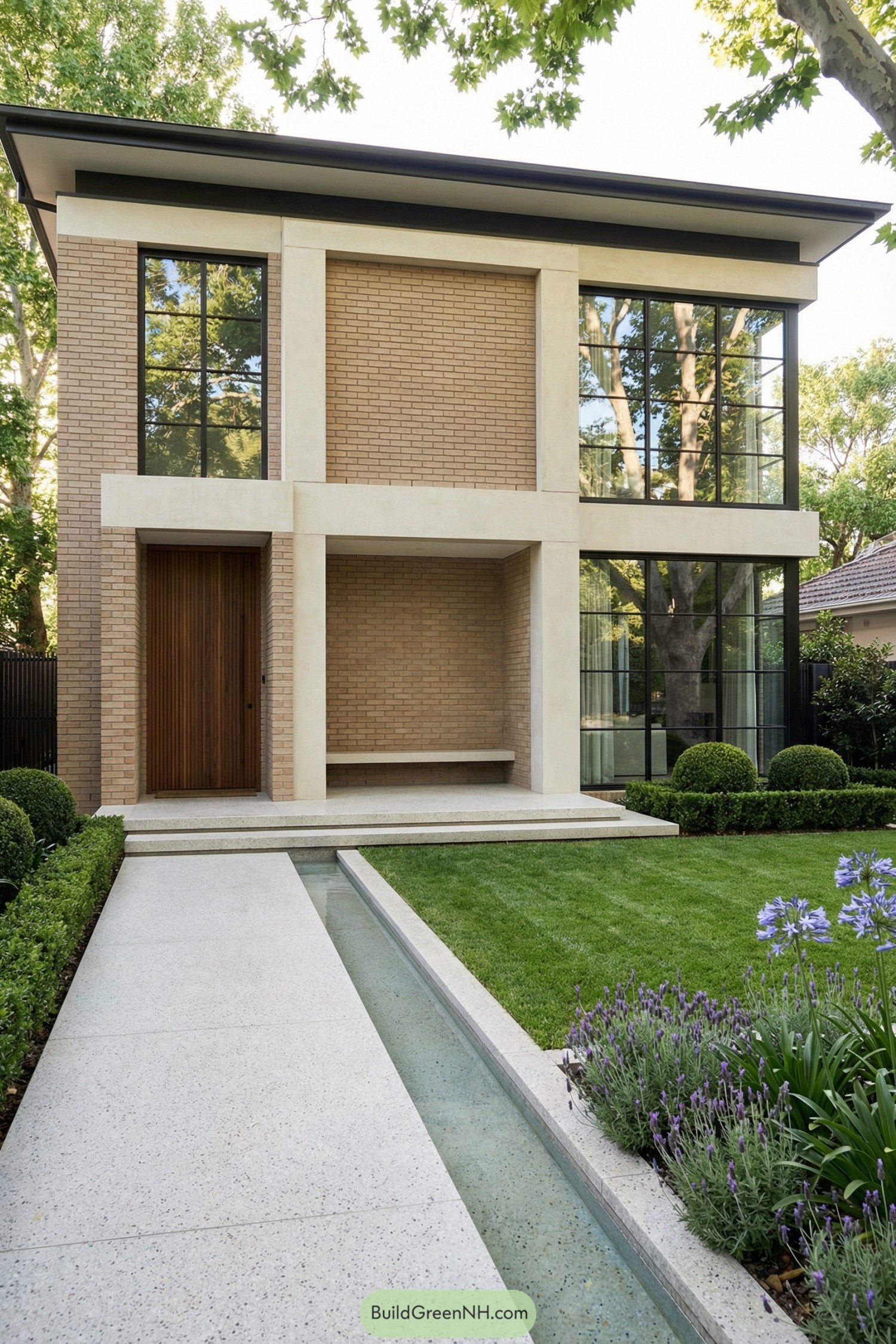 Modern brick house with lawn and water channel