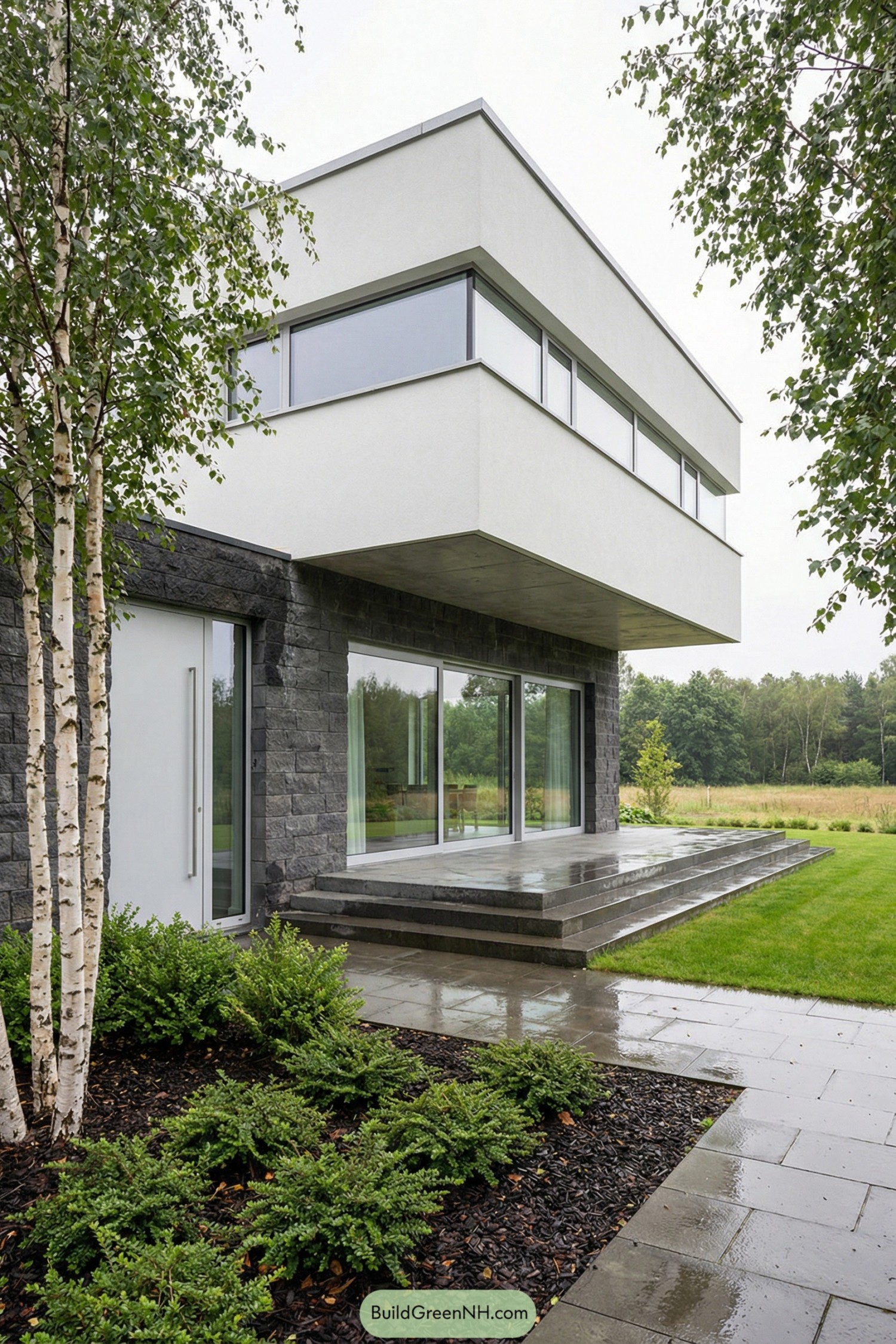 Modern white and stone boxy house with wide glass doors opening to a wet patio and trimmed lawn beside a natural meadow