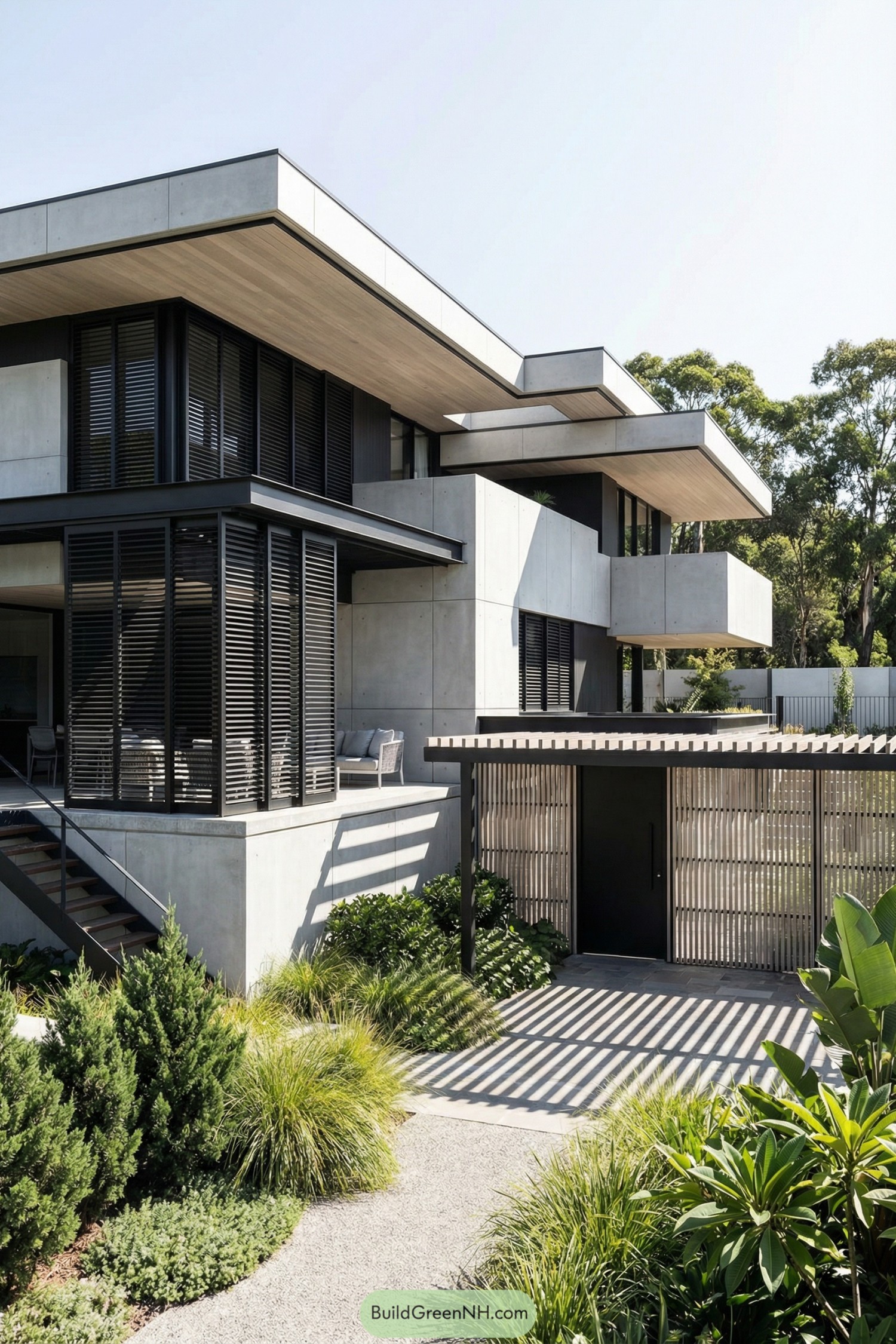 Modern concrete home with deep overhangs black slatted screens and lush landscaped garden