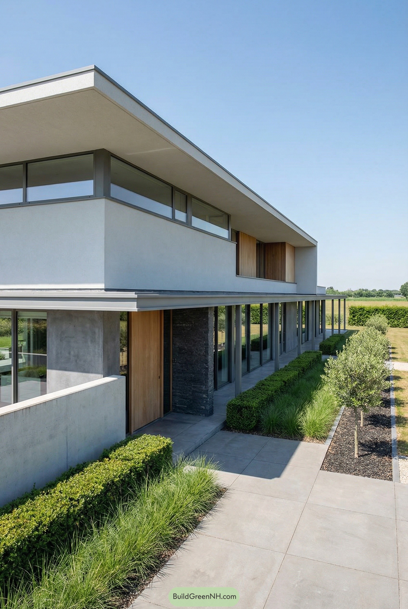 Modern two story house with long flat roofline and manicured linear garden beds