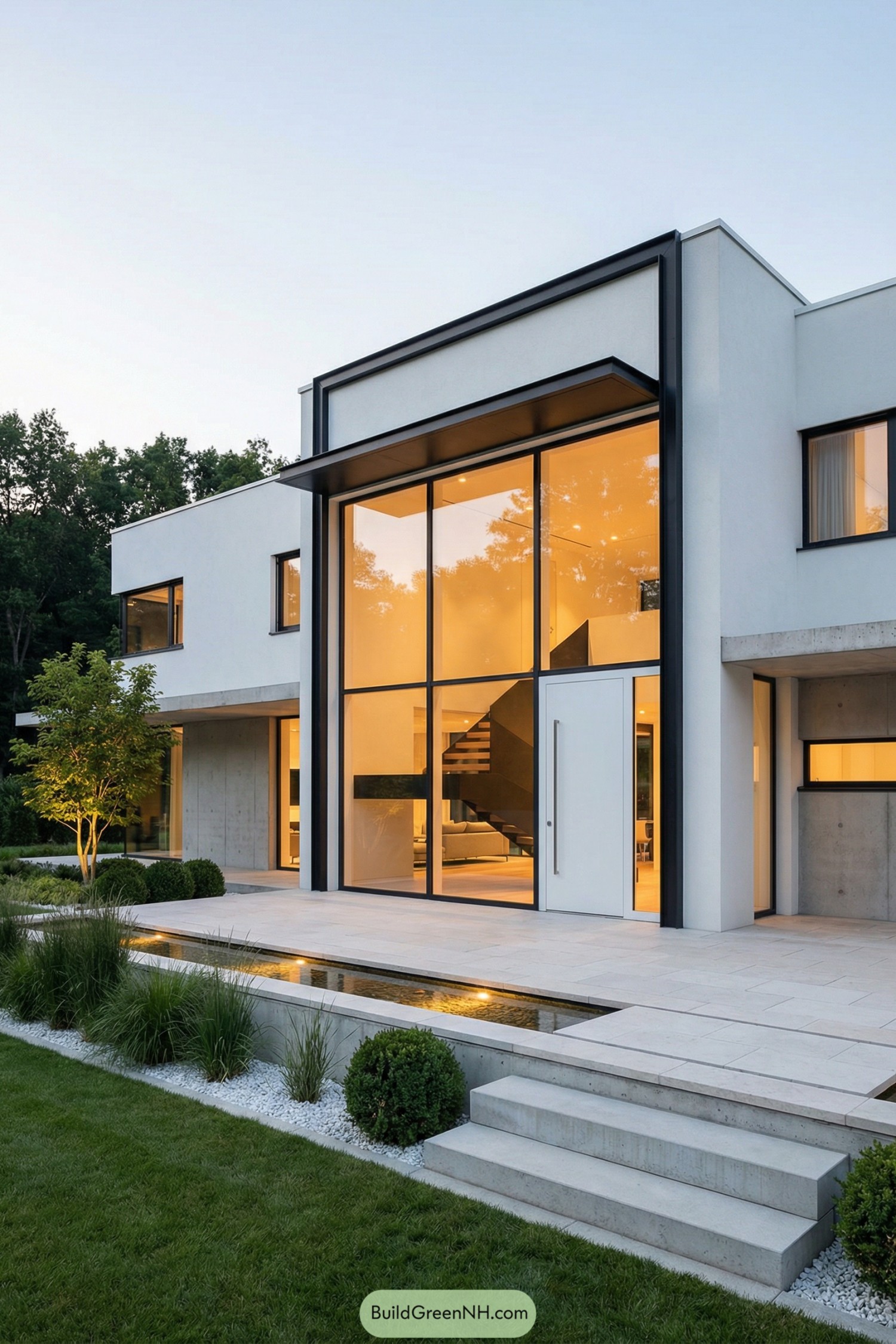 Modern white two story home with large glowing windows opening to a minimalist lawn and narrow reflecting pool