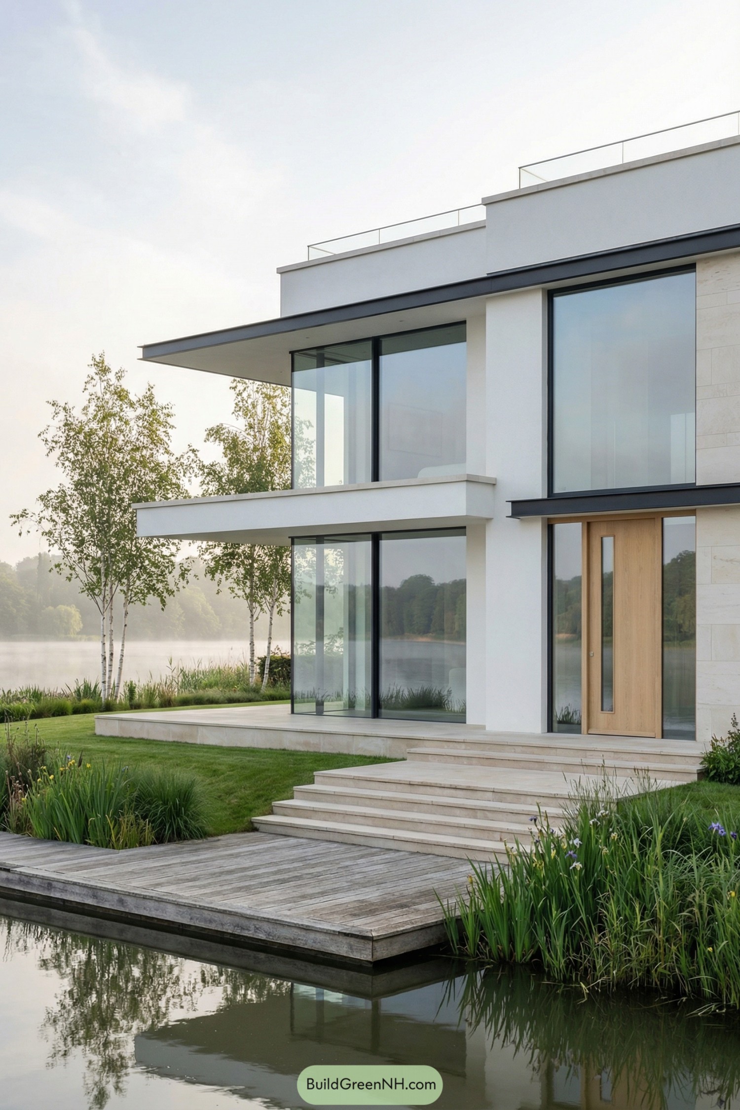 Modern white lakeside house with large glass walls, tiered steps, and a planted water-edge garden