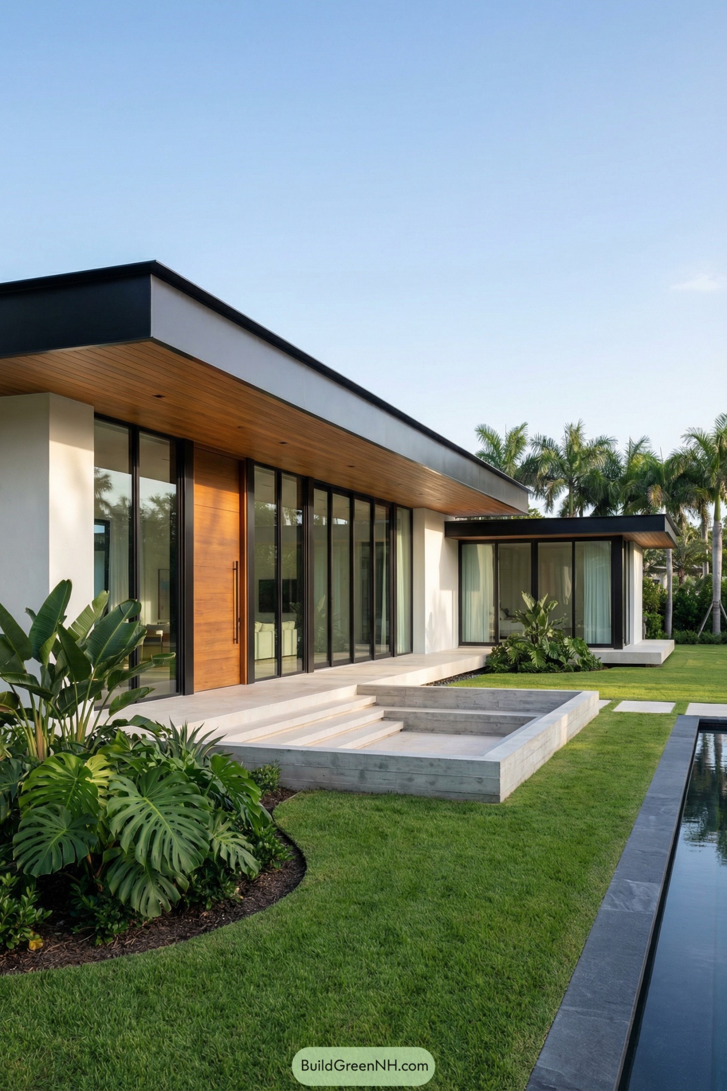 Modern flat roof home with glass walls opening to a lush lawn and narrow pool