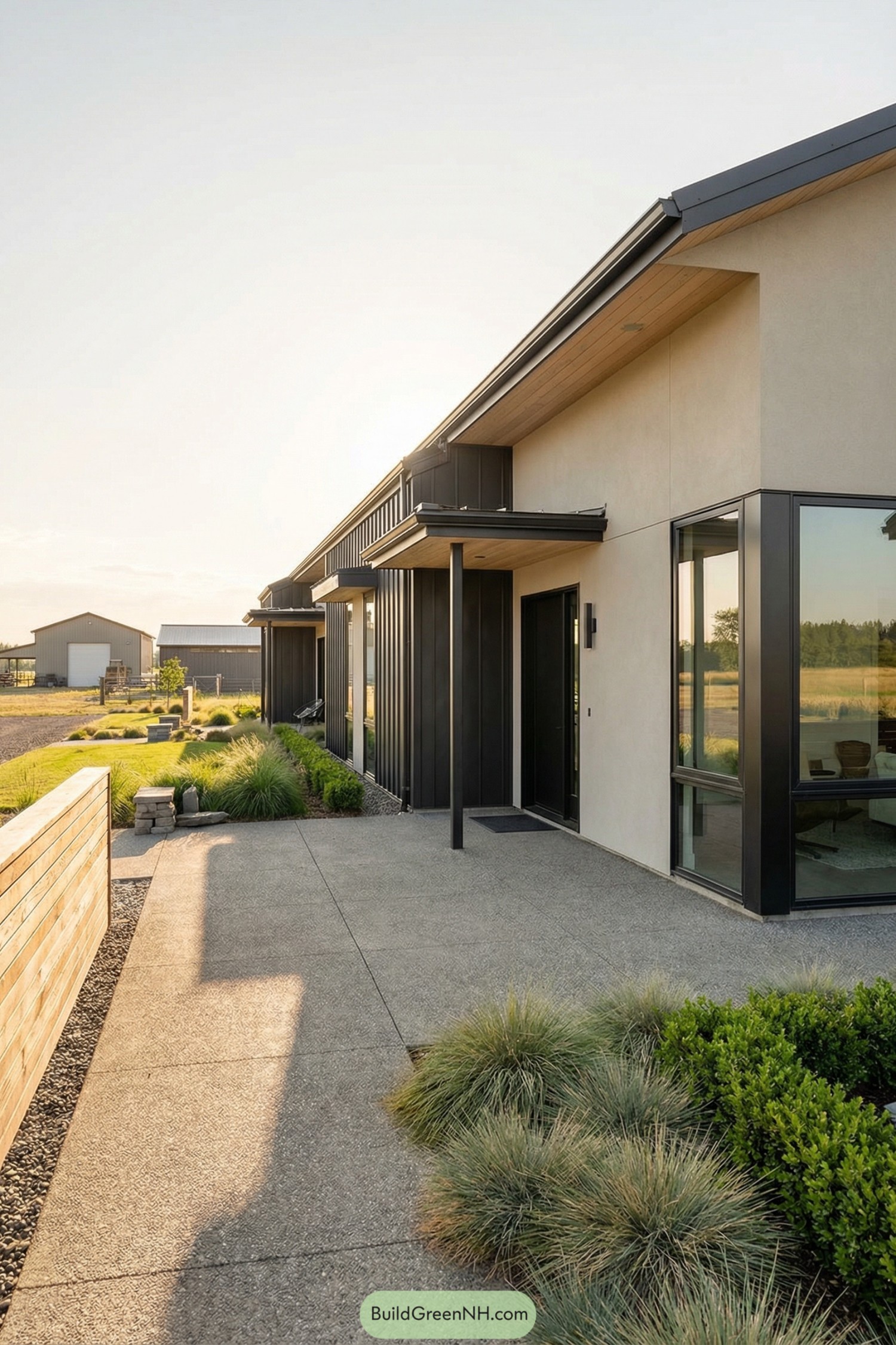 Contemporary ranch barndominium with black metal accents and a wide concrete entry path bordered by low grasses