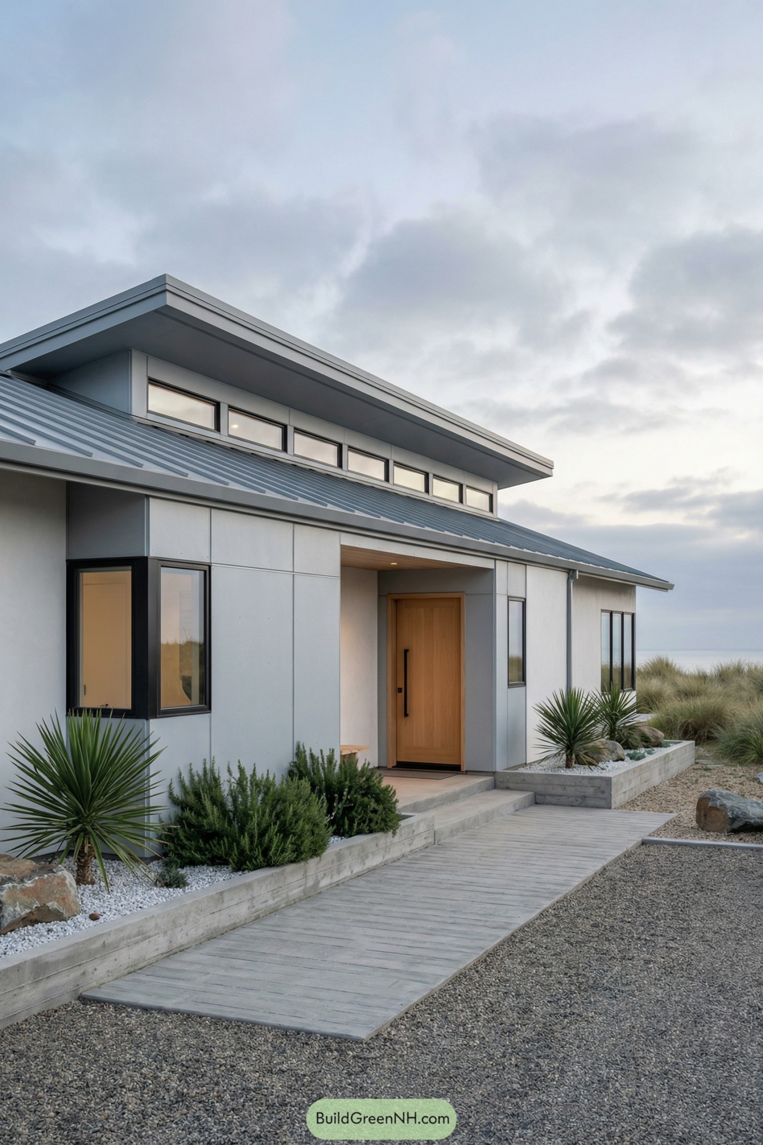 Modern ranch barndominium with clean minimalist facade