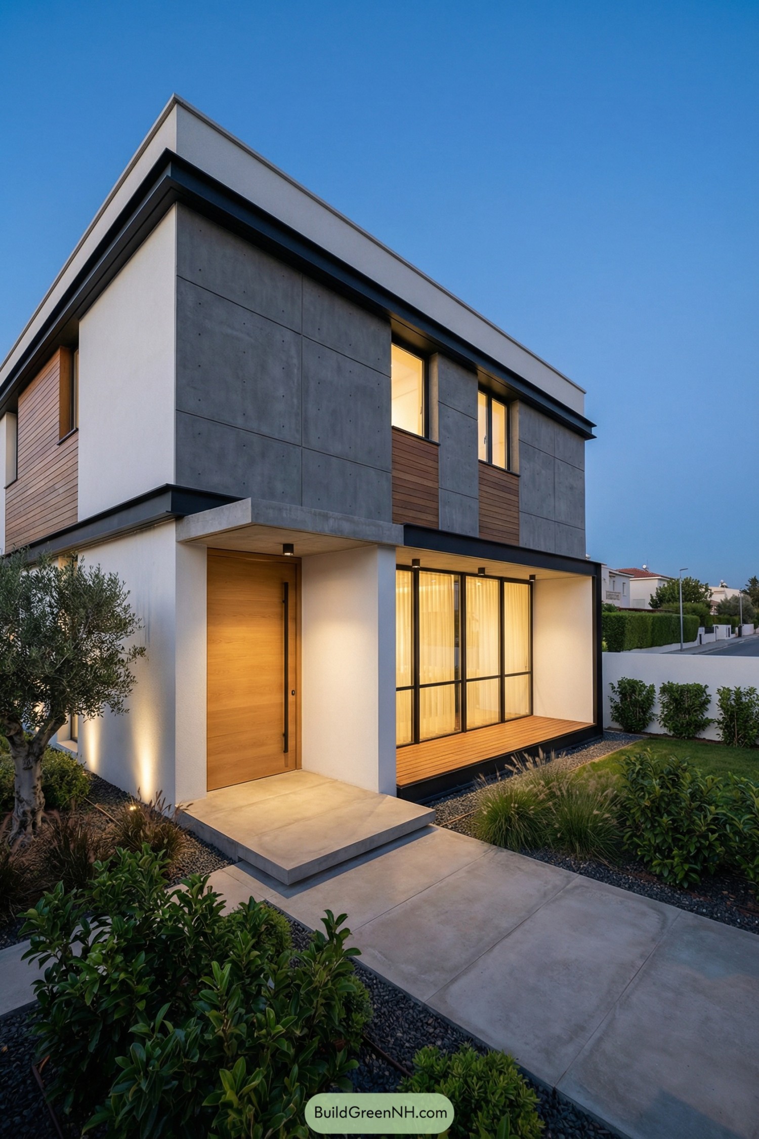 Modern two story house with wood accents and landscaped front garden