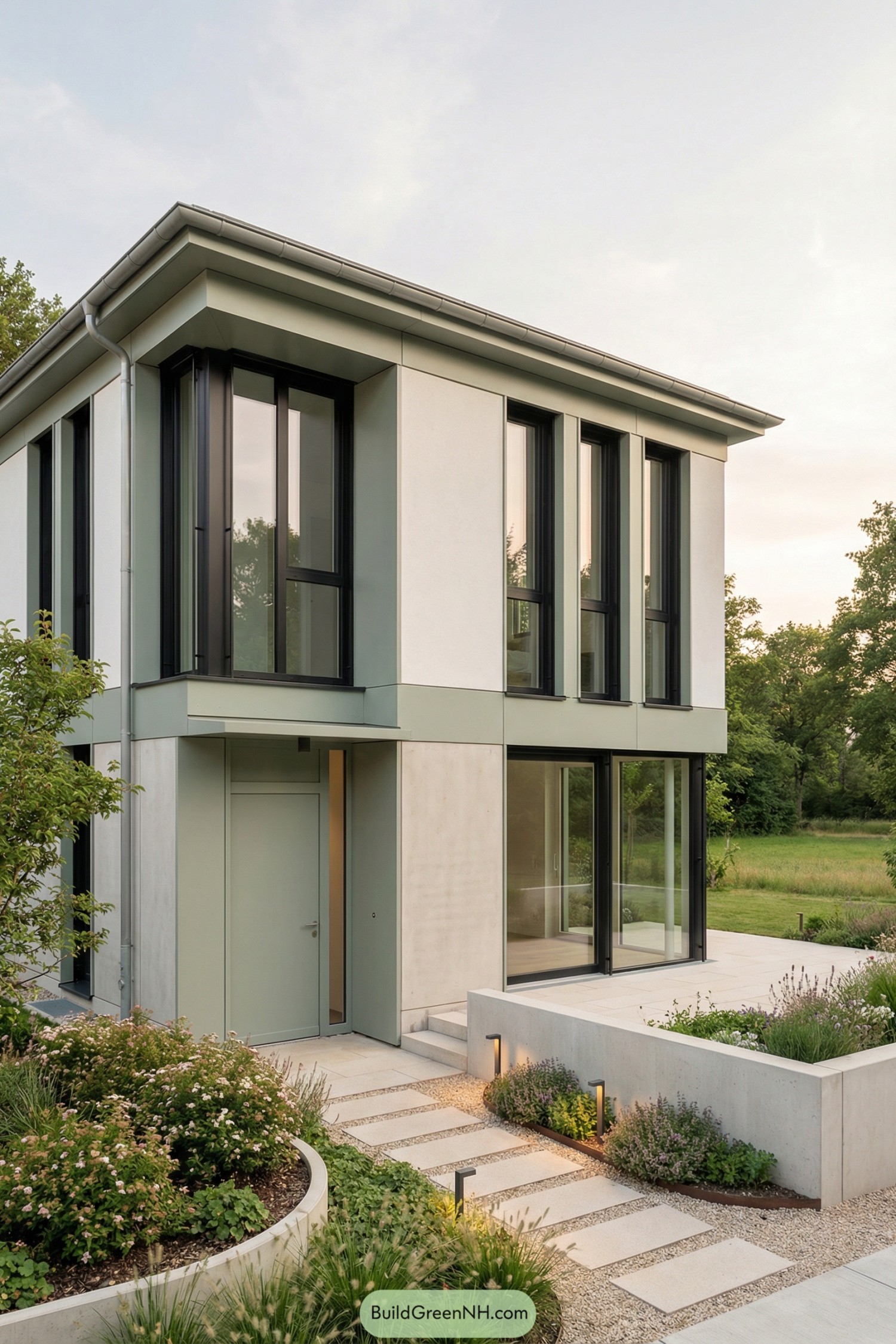 Two story modern house with tall windows and a landscaped front garden path
