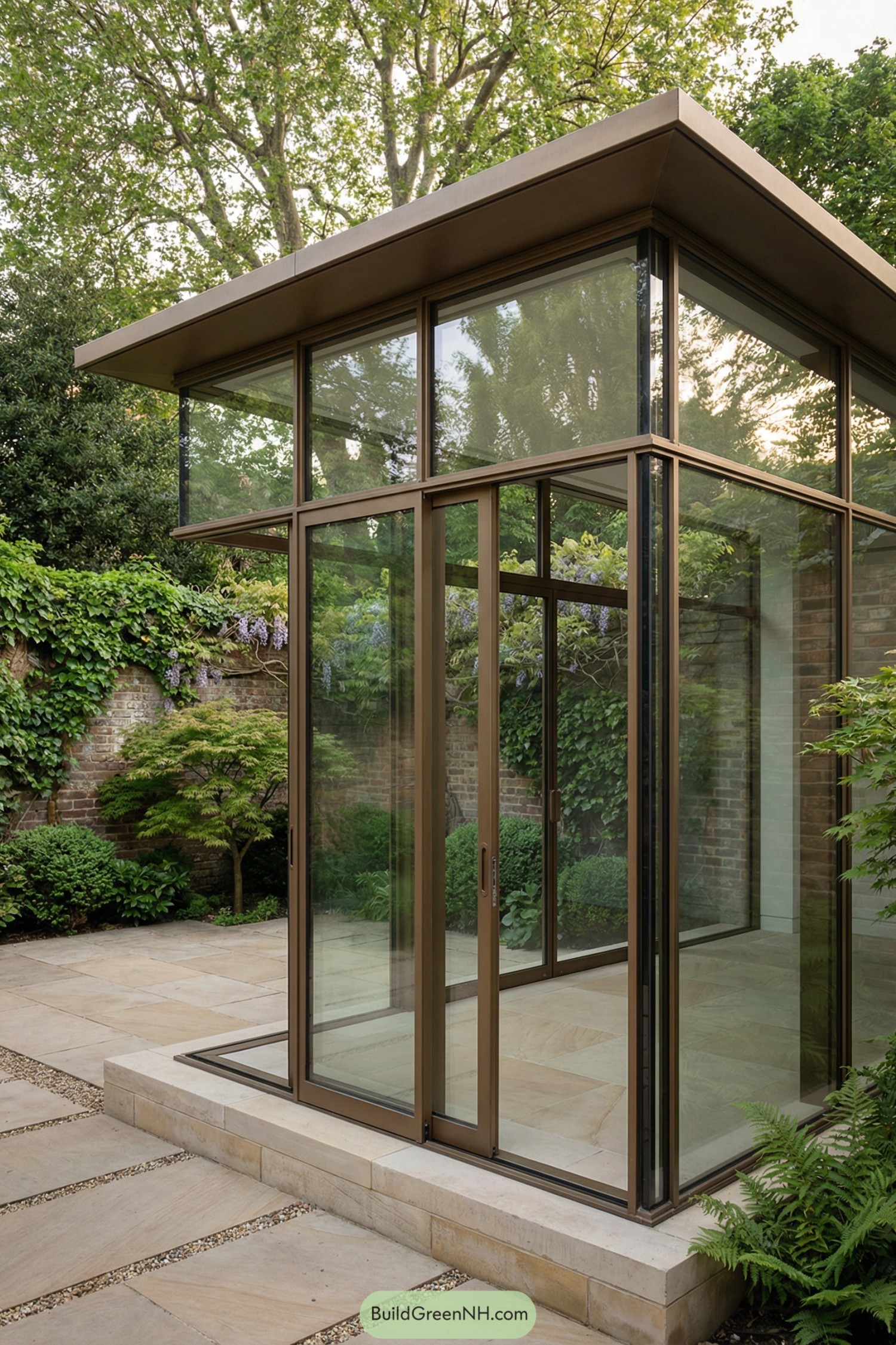 Slim bronze framed glass pavilion in leafy walled garden